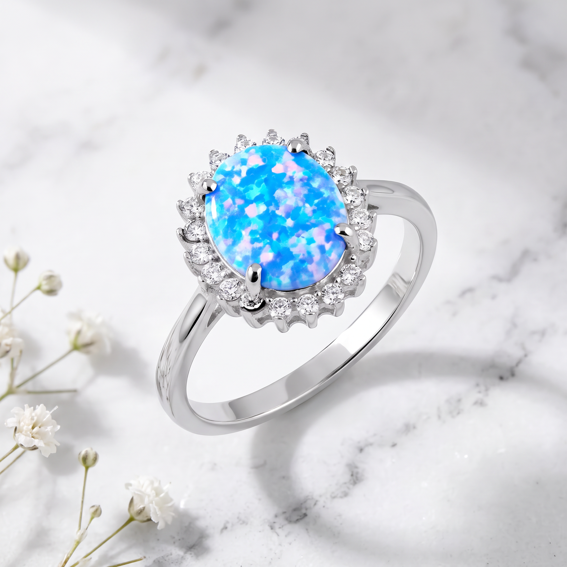 Sterling Silver Blue-Lavender Lab-Opal CZRing on marble