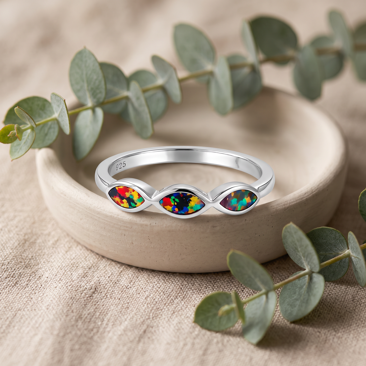 Sterling Silver Triple Marquise Black Lab Opal Ring styled
