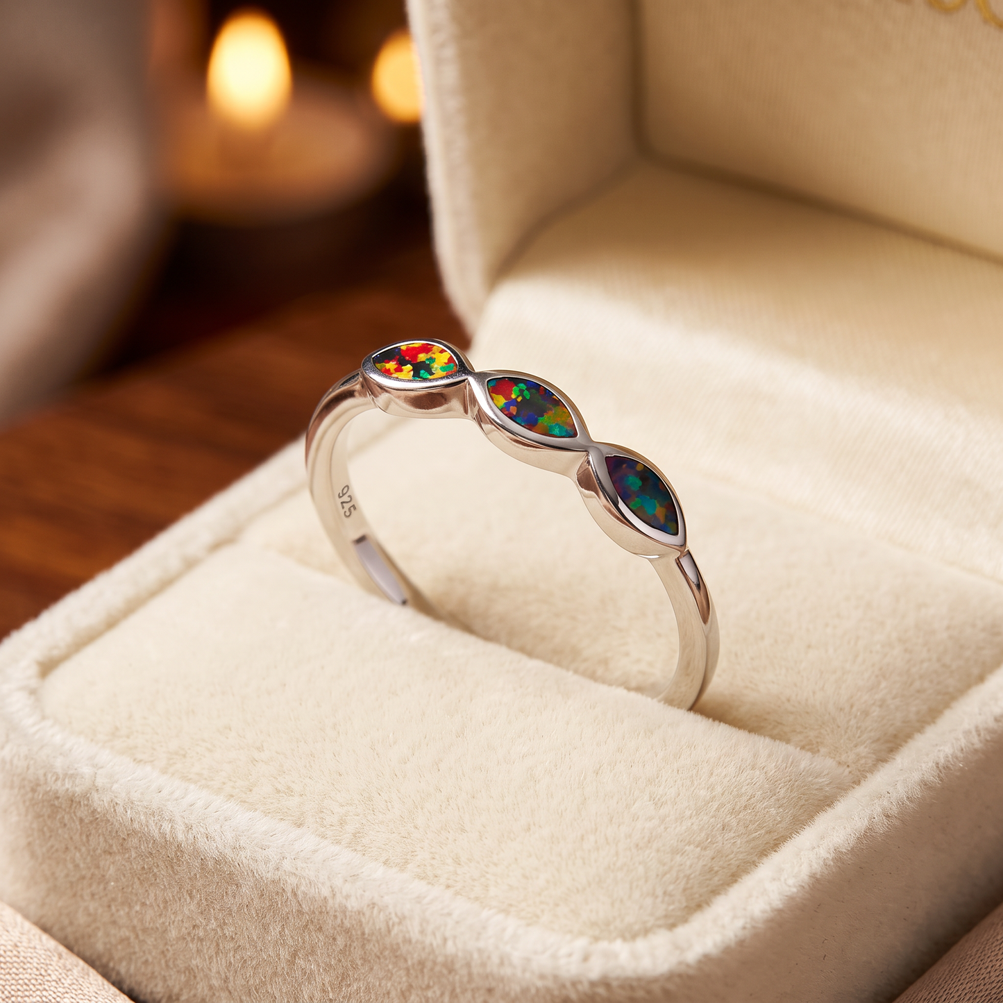 Sterling Silver Triple Marquise Black Lab Opal Ring gift box