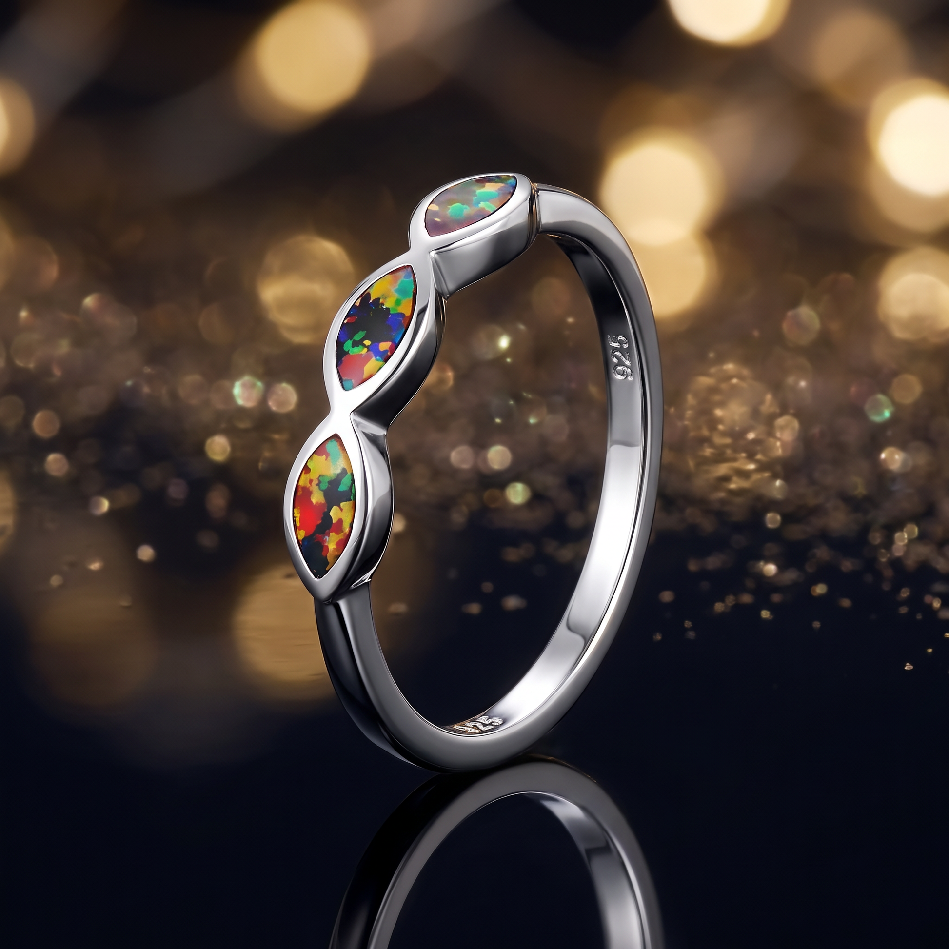 Sterling Silver Triple Marquise Black Lab Opal Ring close-up