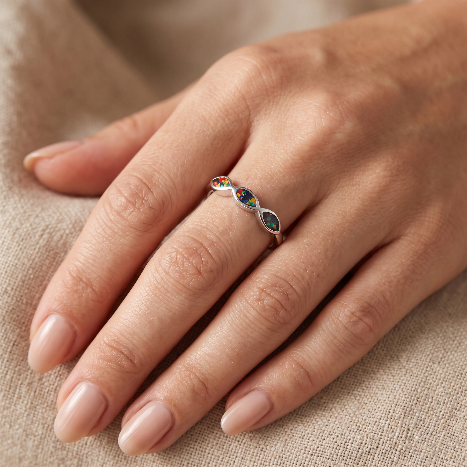Sterling Silver Triple Marquise Black Lab Opal Ring worn on hand
