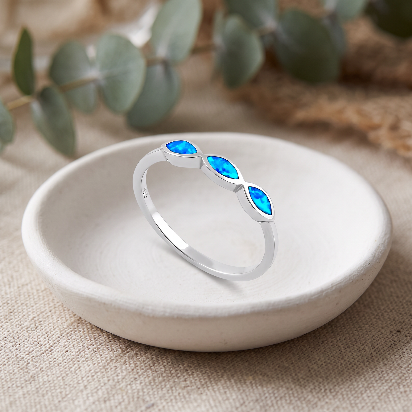 Sterling Silver Triple Marquise Blue Lab Opal Ring styled