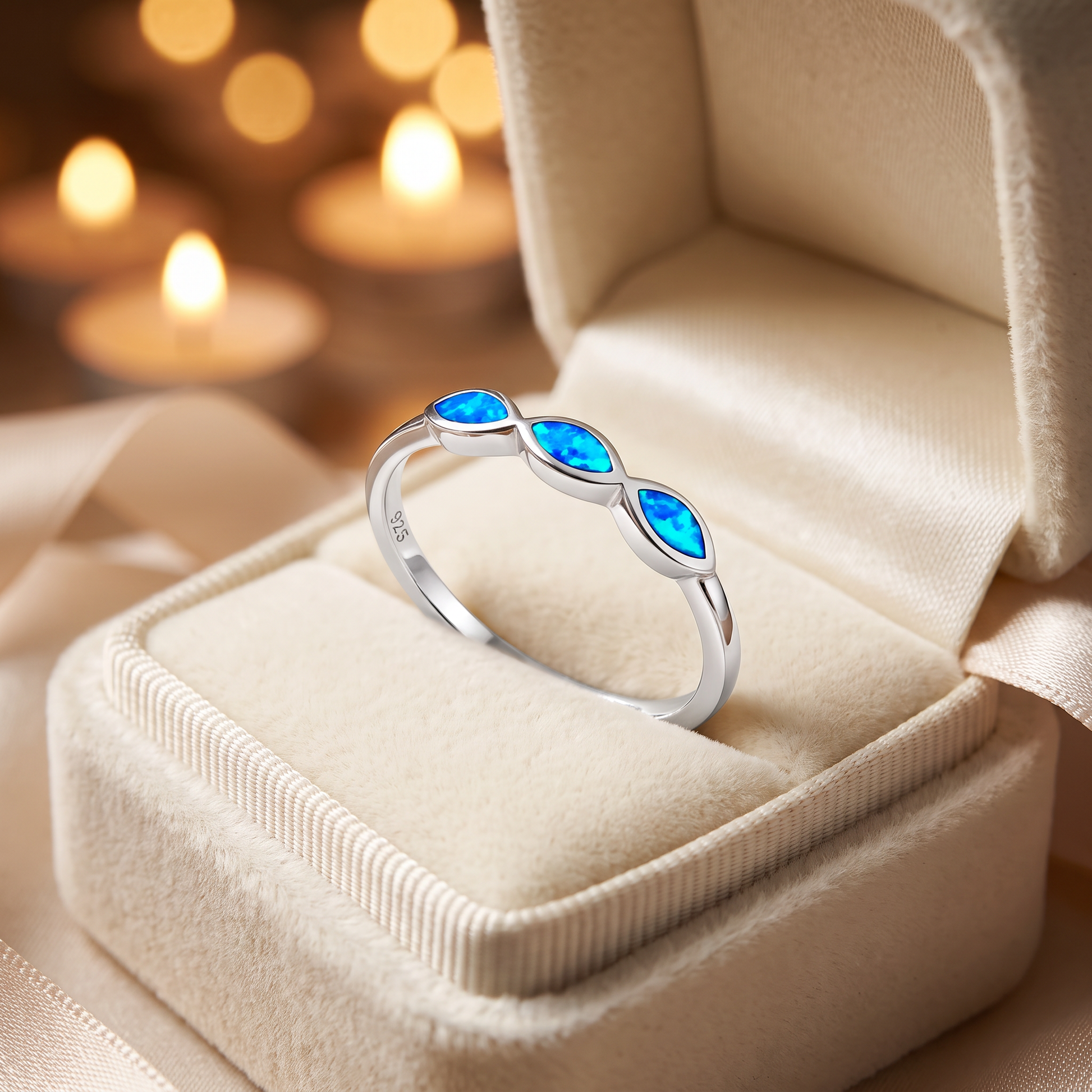 Sterling Silver Triple Marquise Blue Lab Opal Ring gift box
