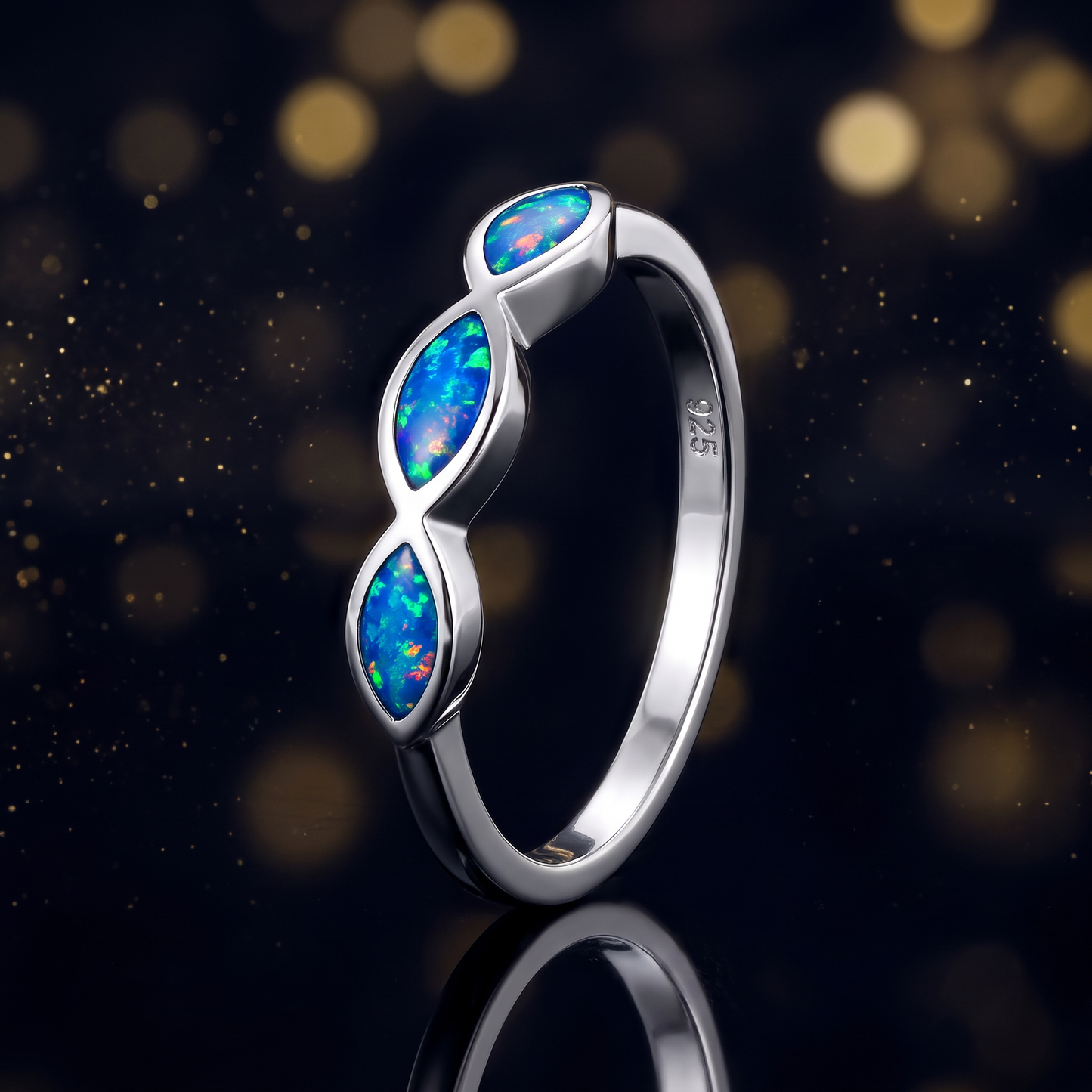 Sterling Silver Triple Marquise Blue Lab Opal Ring close-up