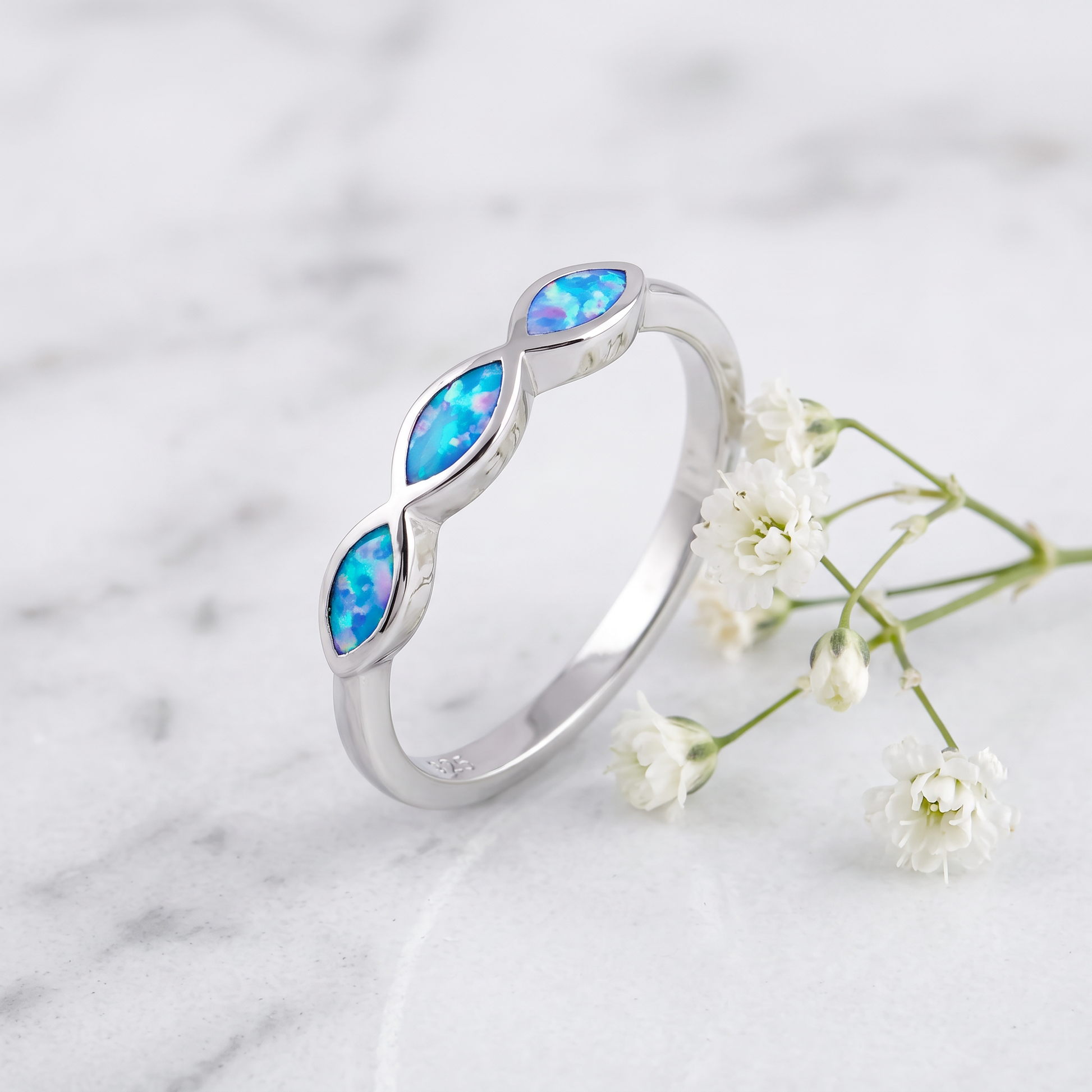 Sterling Silver Triple Marquise Blue Lavender Lab Opal Ring on marble