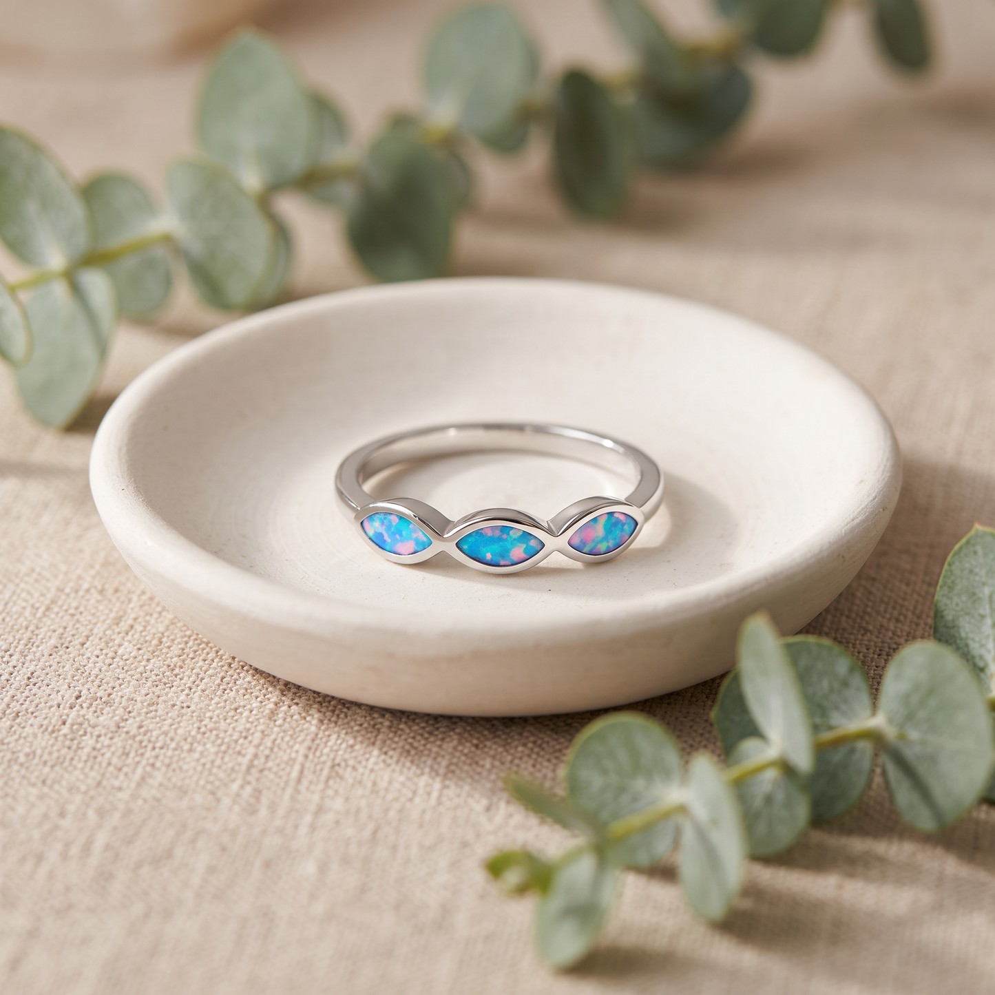Sterling Silver Triple Marquise Blue Lavender Lab Opal Ring styled