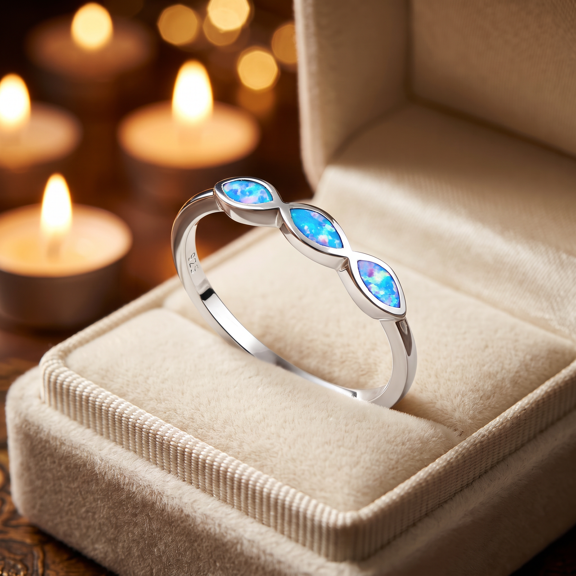 Sterling Silver Triple Marquise Blue Lavender Lab Opal Ring gift box