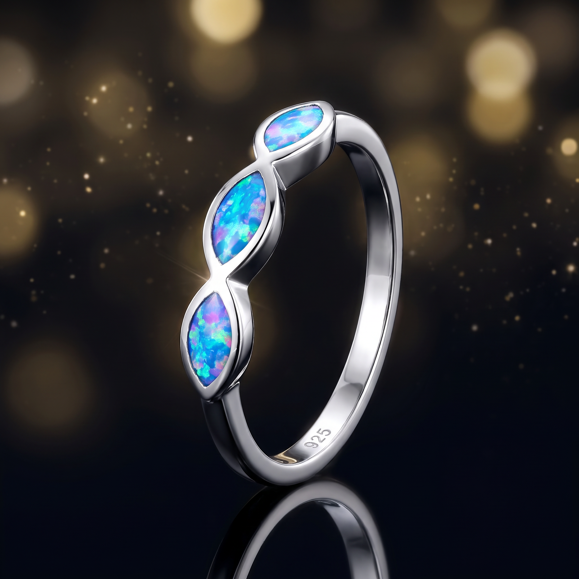 Sterling Silver Triple Marquise Blue Lavender Lab Opal Ring close-up