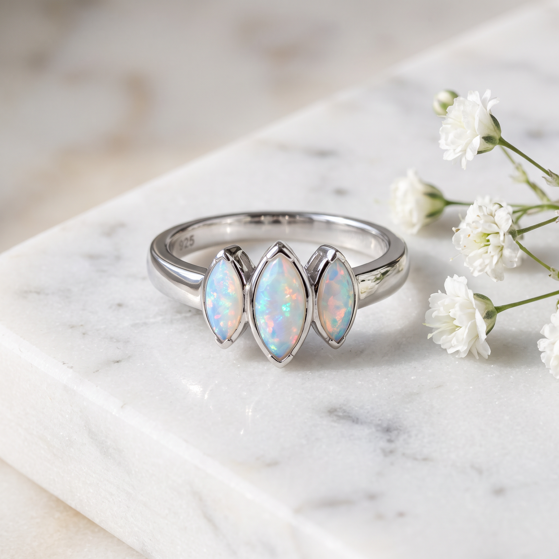 Sterling Silver Triple Marquise White Lab Opal Ring on marble