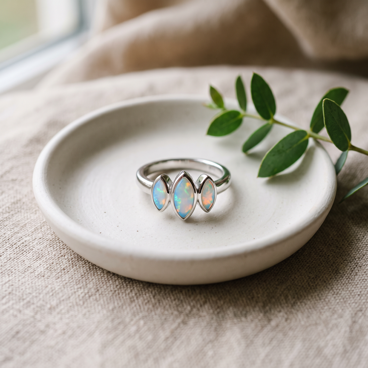 Sterling Silver Triple Marquise White Lab Opal Ring styled