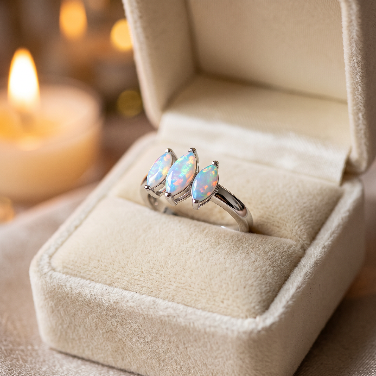 Sterling Silver Triple Marquise White Lab Opal Ring gift box