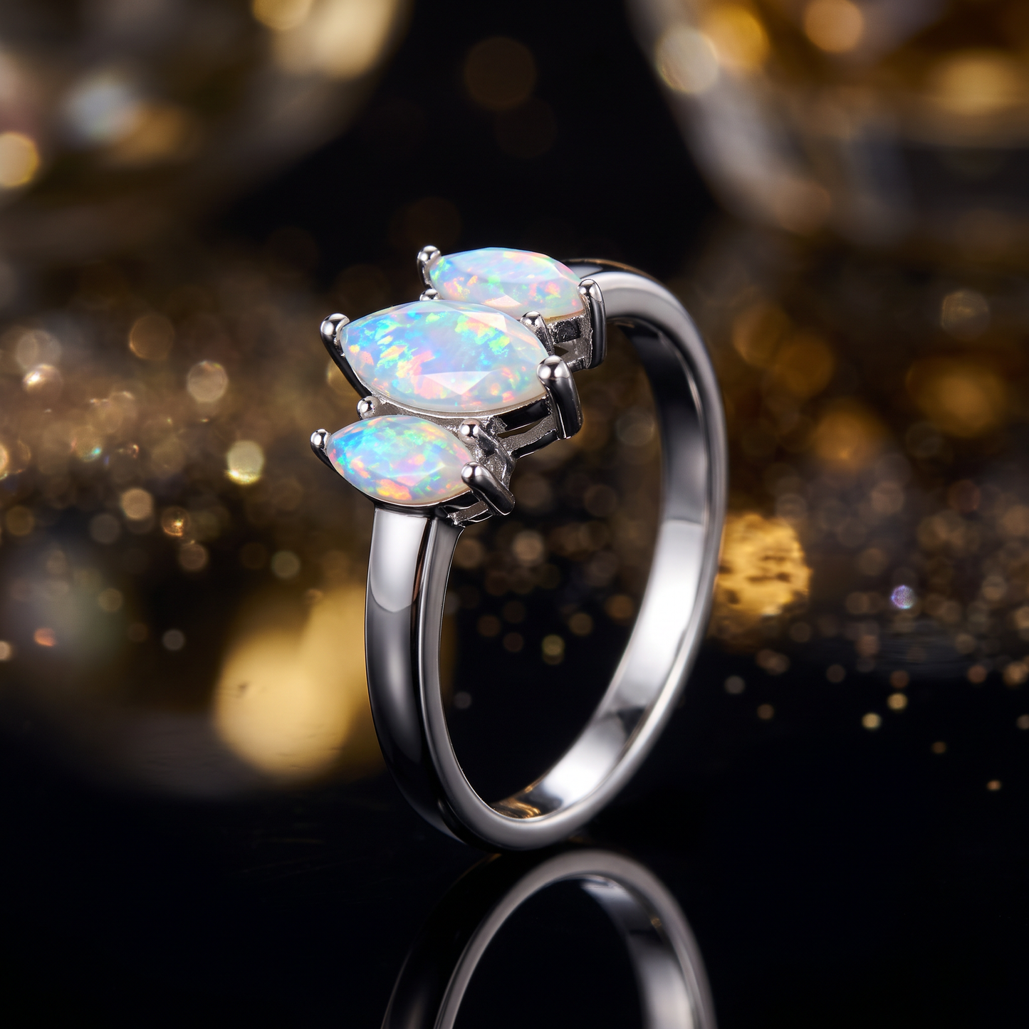 Sterling Silver Triple Marquise White Lab Opal Ring close-up