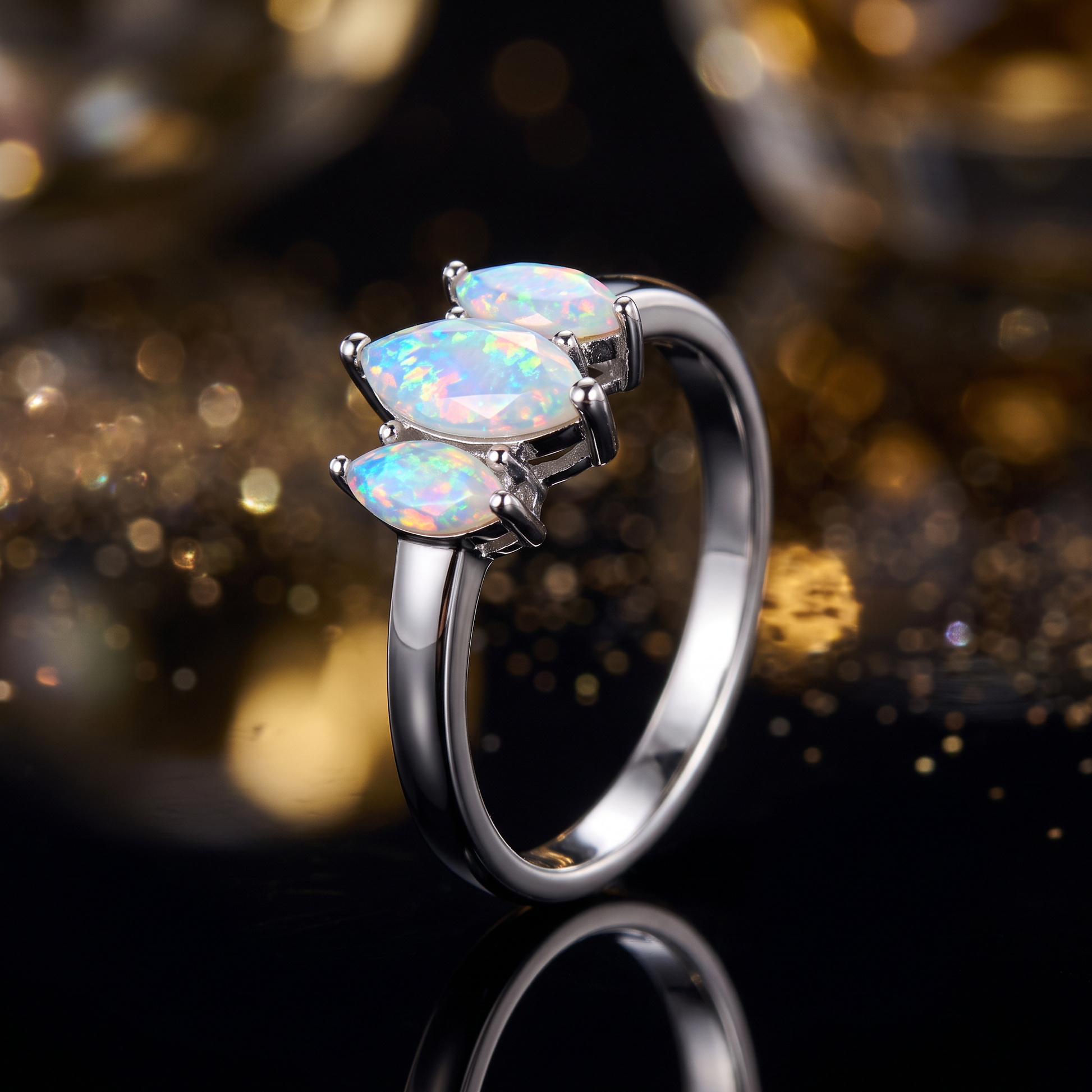 Sterling Silver Triple Marquise White Lab Opal Ring close-up