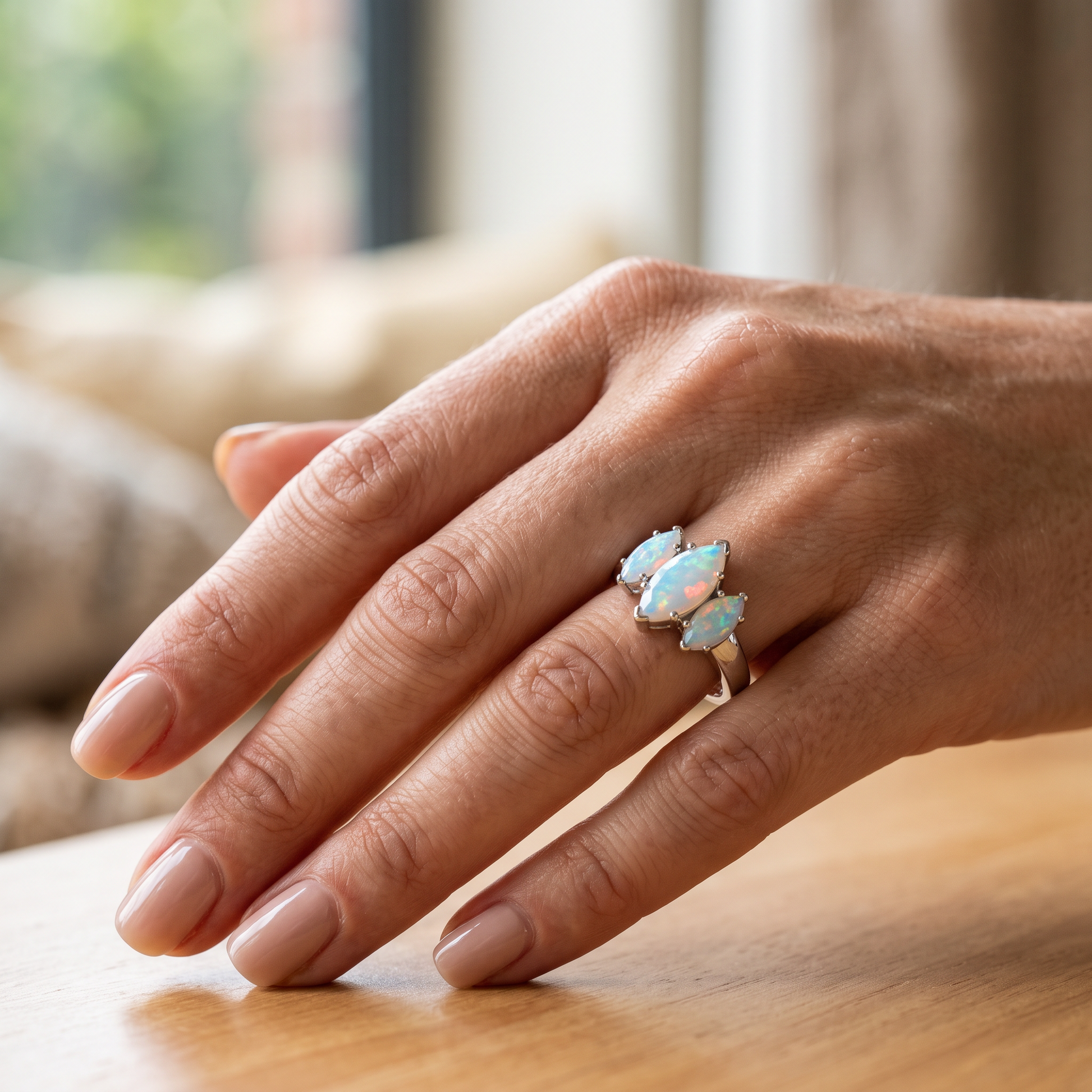 Sterling Silver Triple Marquise White Lab Opal Ring worn on hand