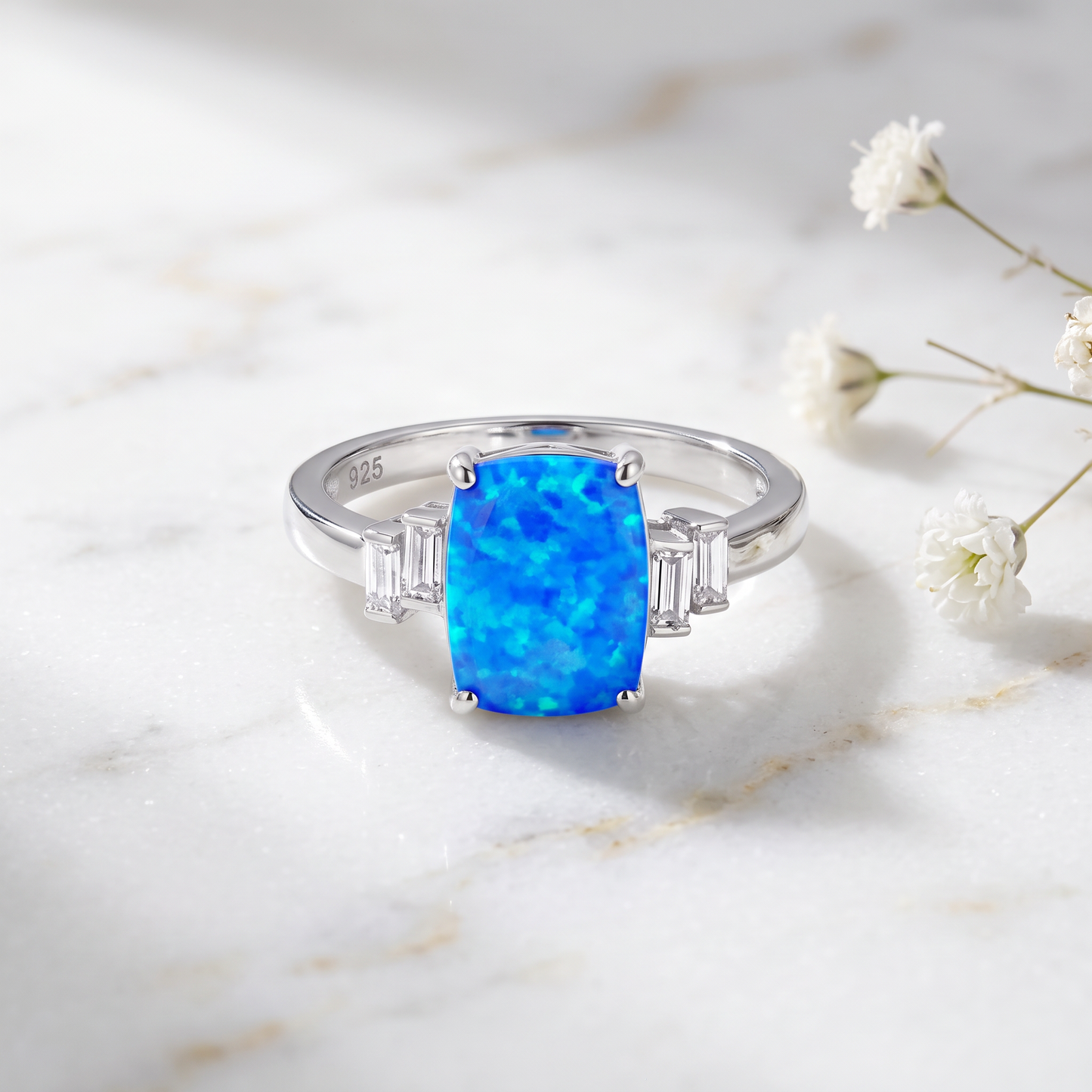 Sterling Silver Blue Lab Opal Rectangular Ring on marble