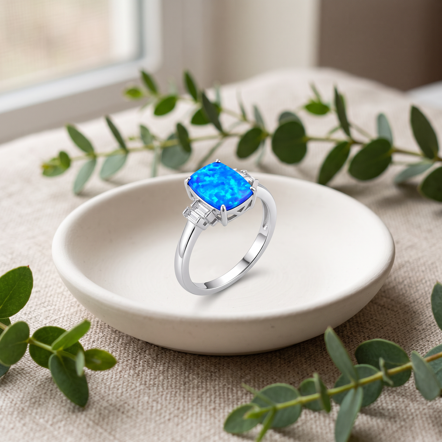 Sterling Silver Blue Lab Opal Rectangular Ring styled