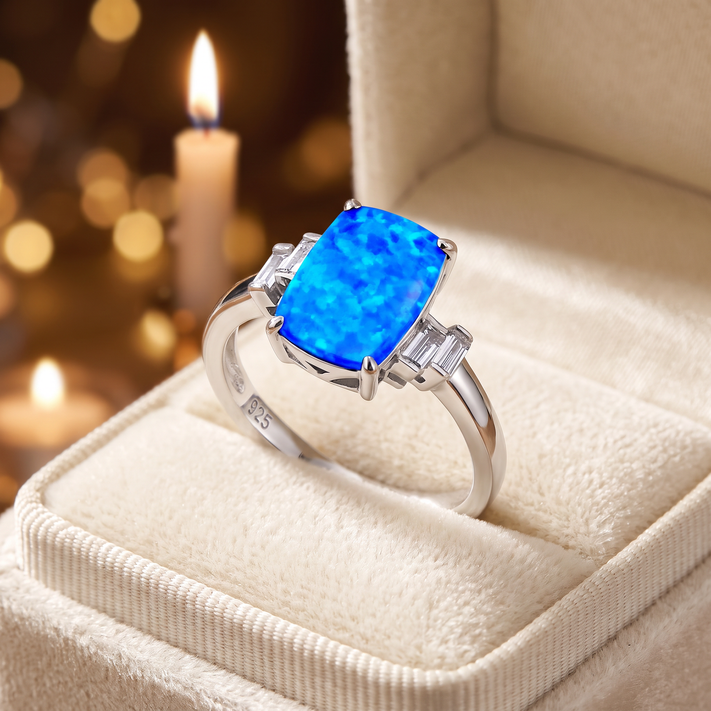 Sterling Silver Blue Lab Opal Rectangular Ring gift box