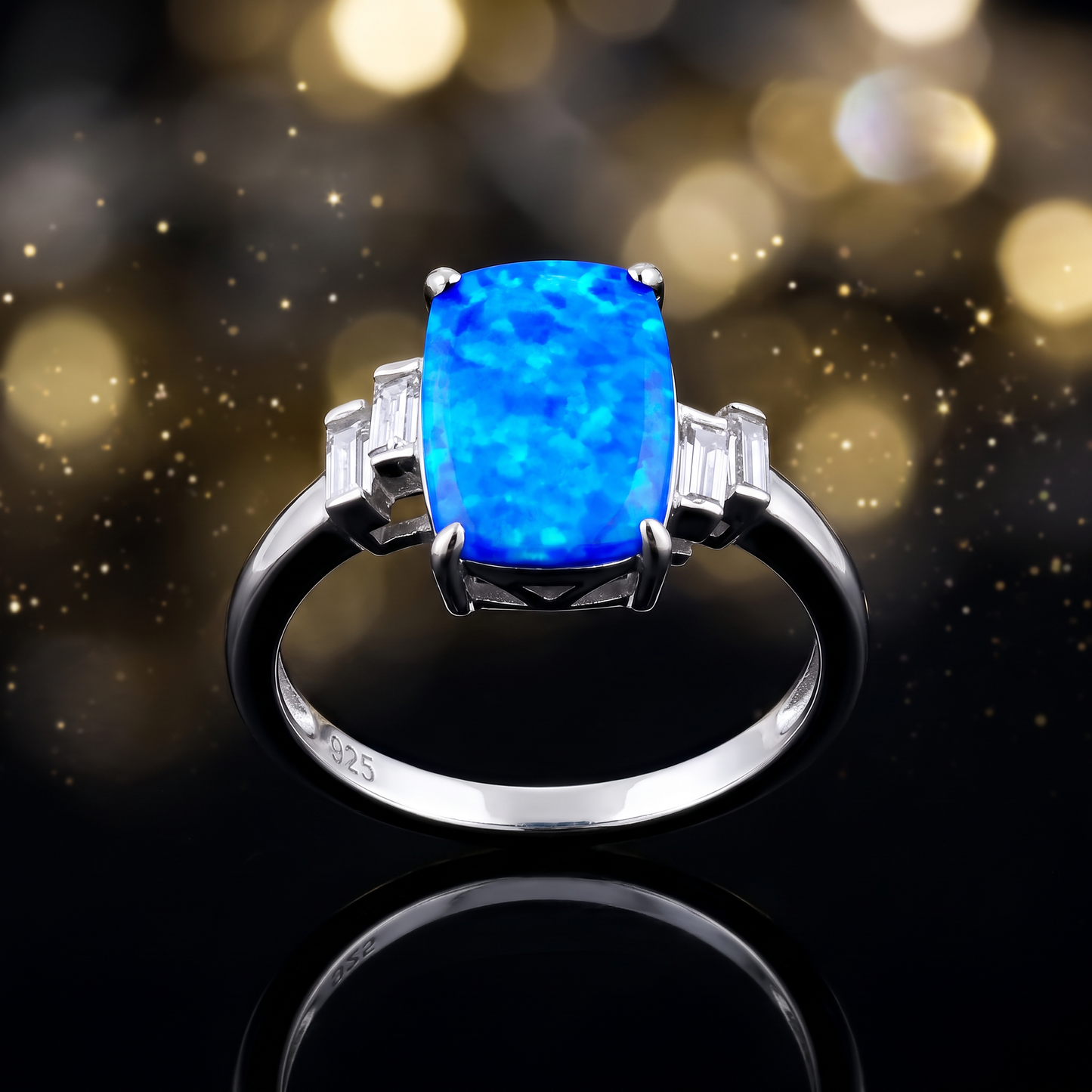 Sterling Silver Blue Lab Opal Rectangular Ring close-up