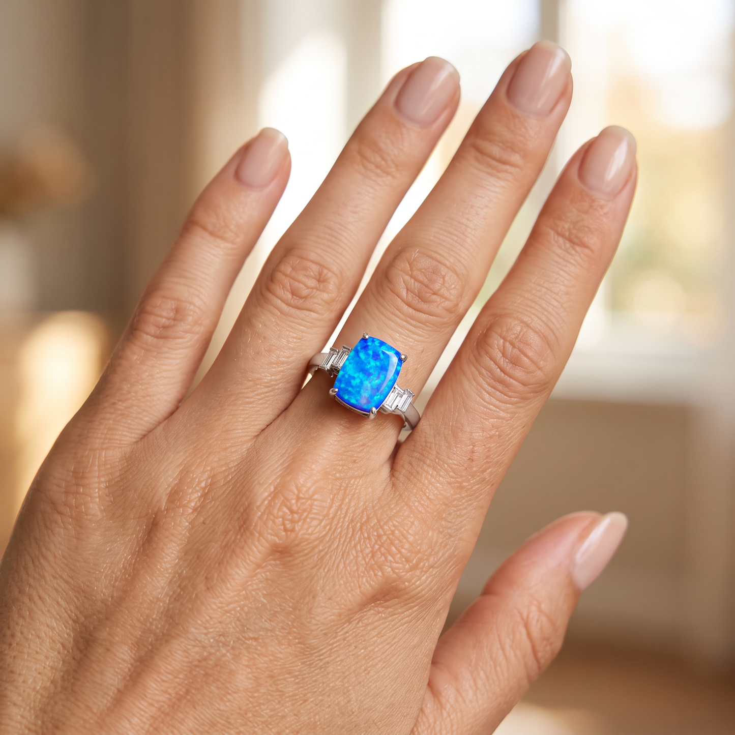 Sterling Silver Blue Lab Opal Rectangular Ring worn on hand