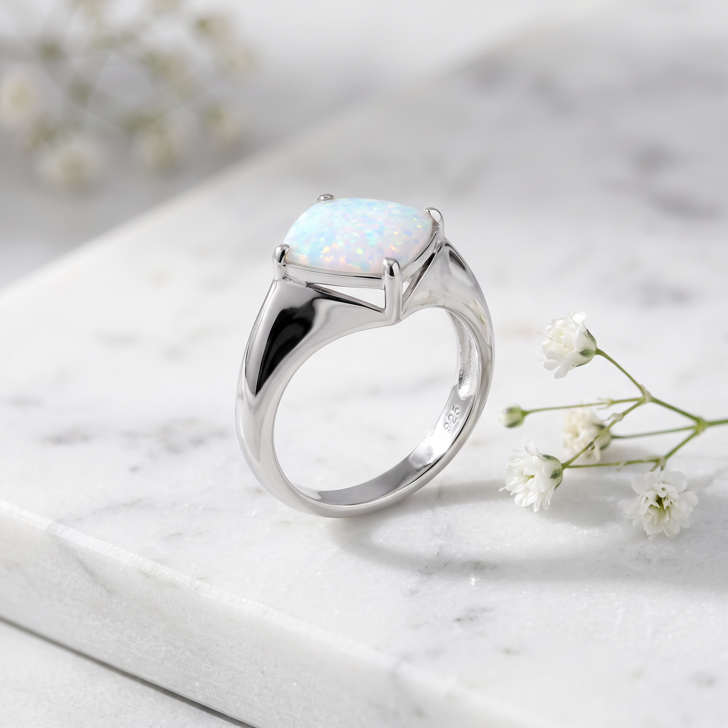 Sterling Silver White Lab Opal Diamond Ring on marble