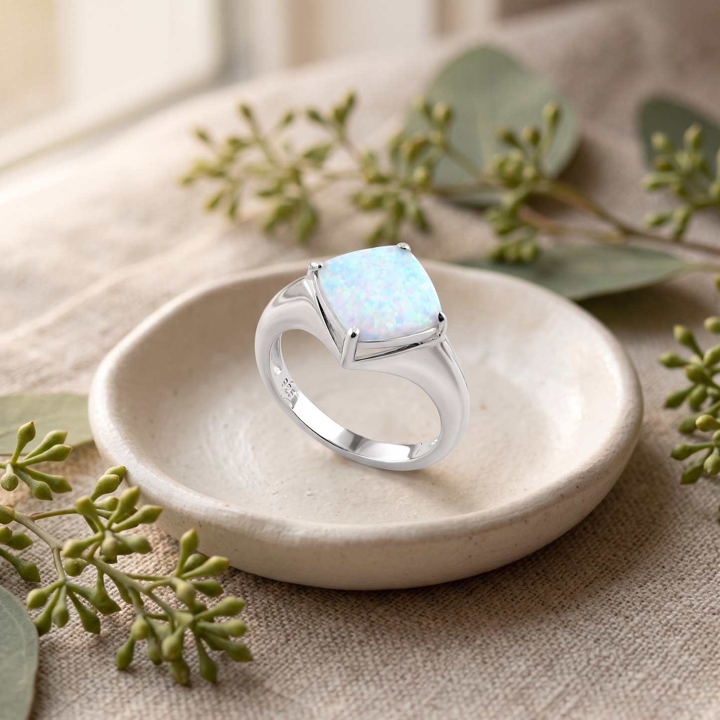 Sterling Silver White Lab Opal Diamond Ring styled
