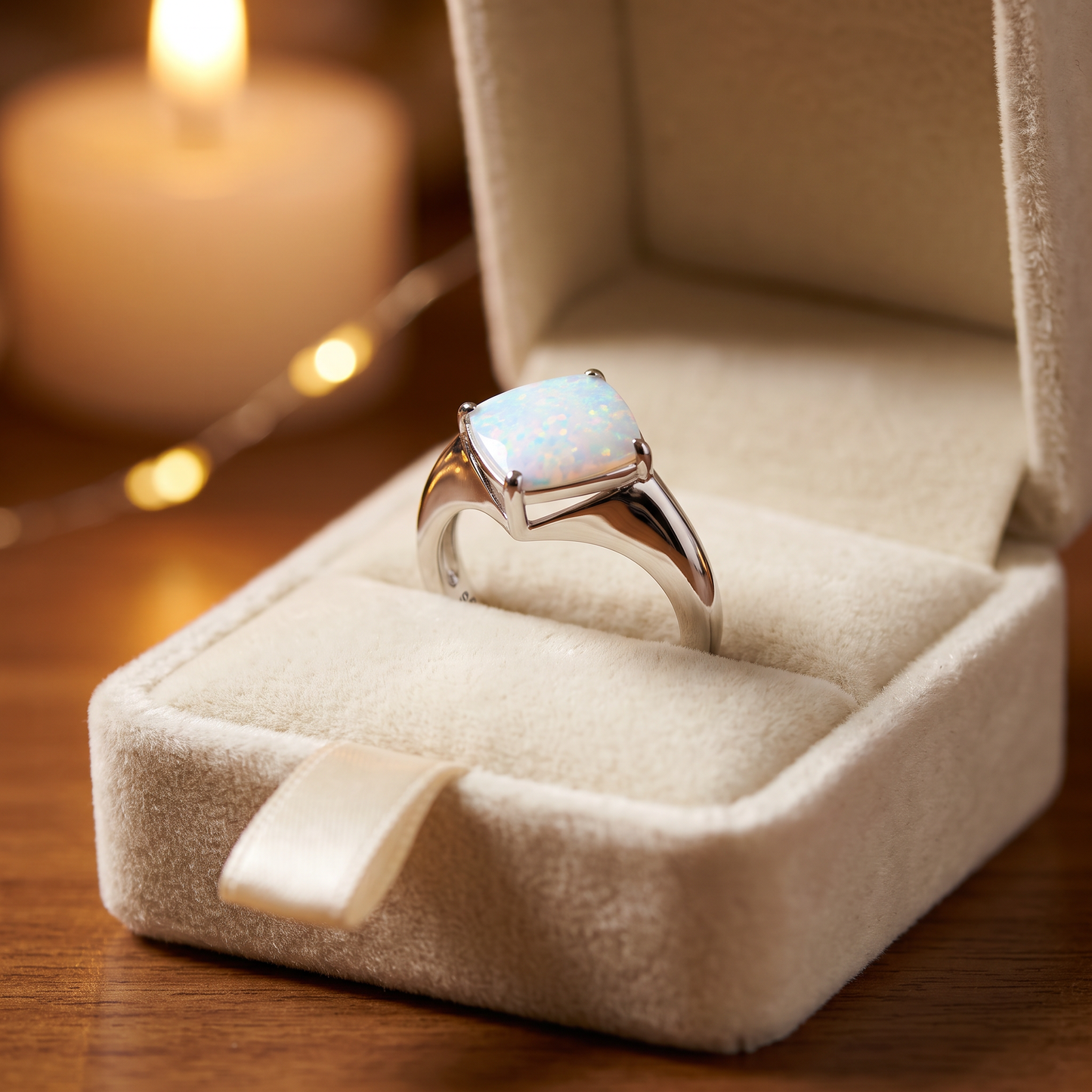 Sterling Silver White Lab Opal Diamond Ring gift box