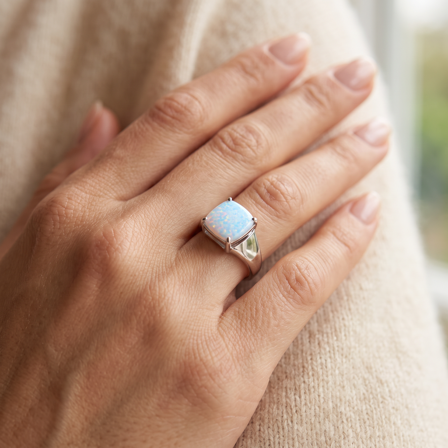 Sterling Silver White Lab Opal Diamond Ring worn on hand