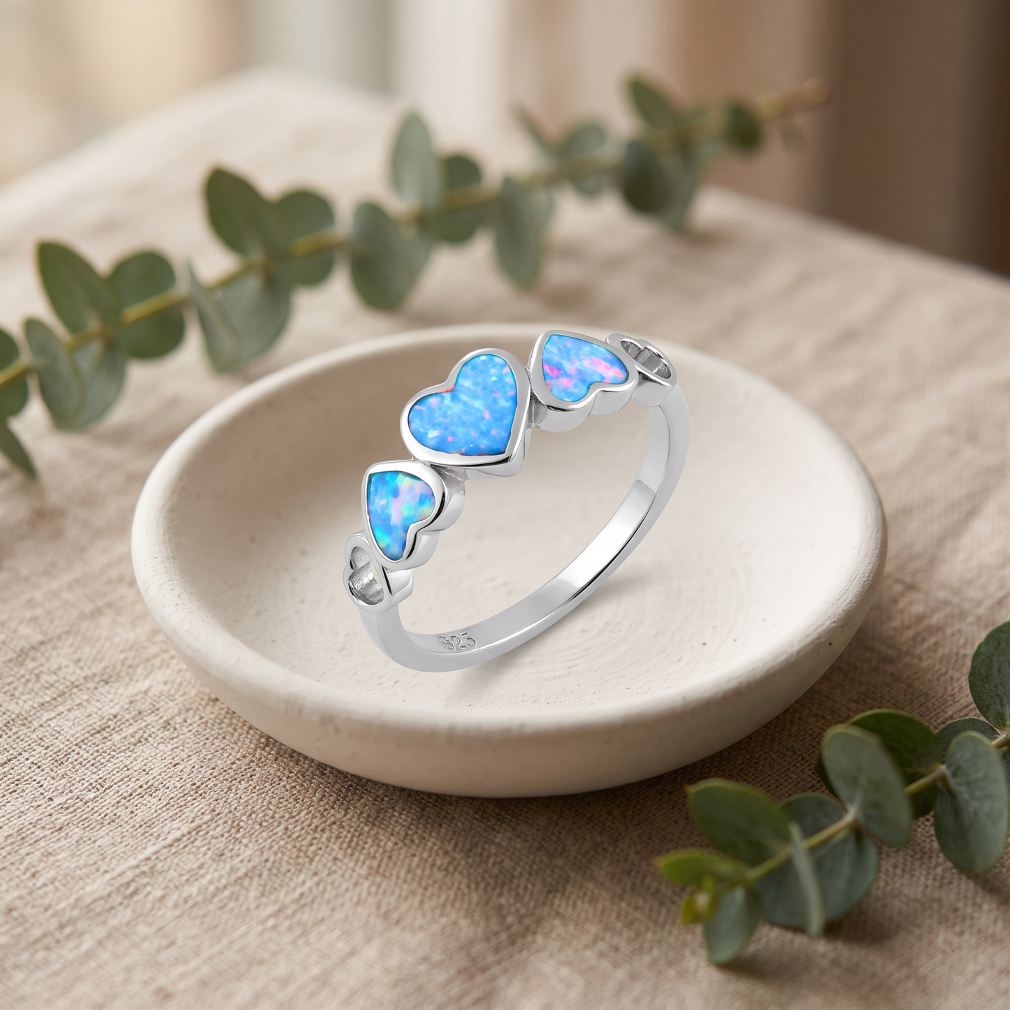 Sterling Silver Blue Lavender Lab Opal Sequence of Hearts Ring styled