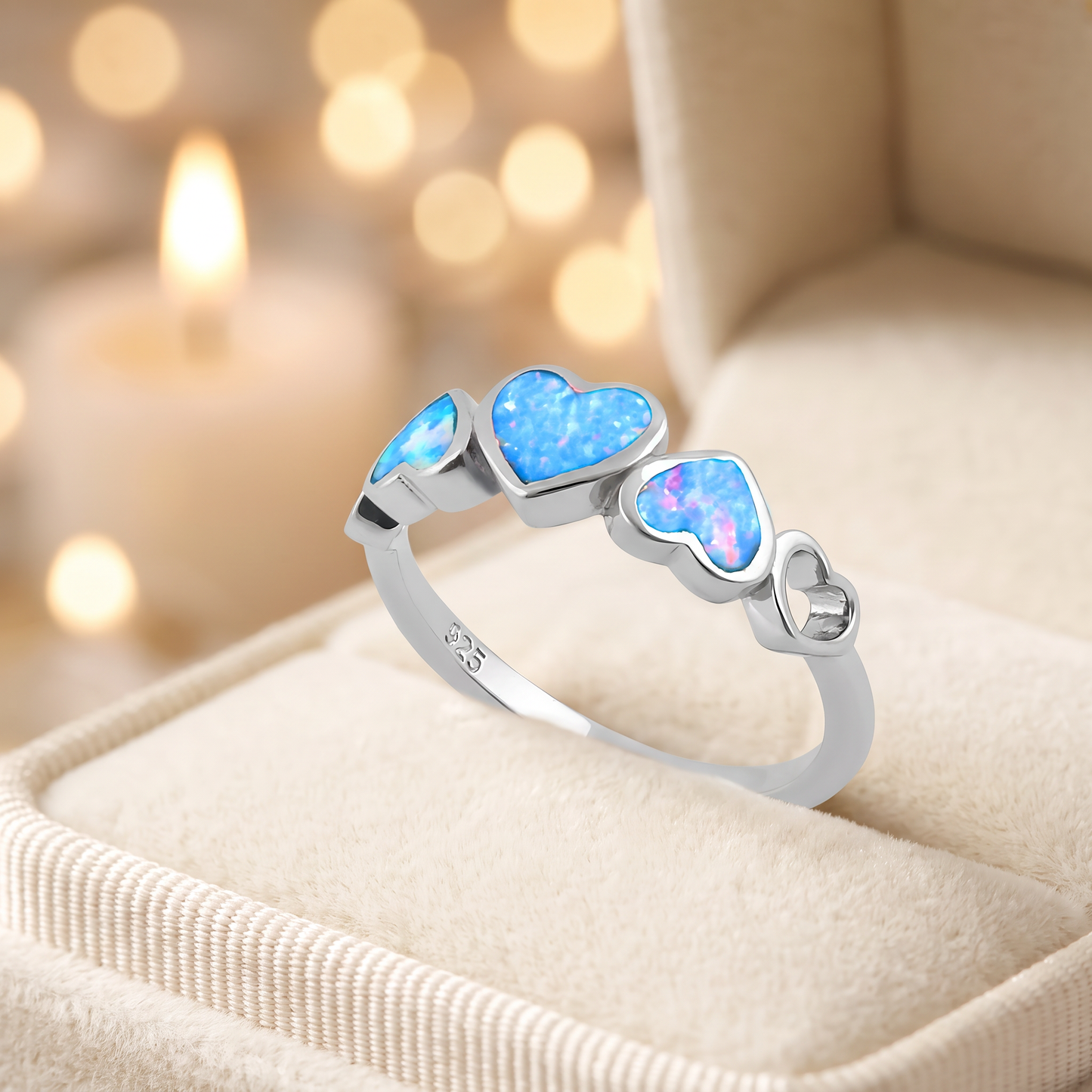 Sterling Silver Blue Lavender Lab Opal Sequence of Hearts Ring gift box
