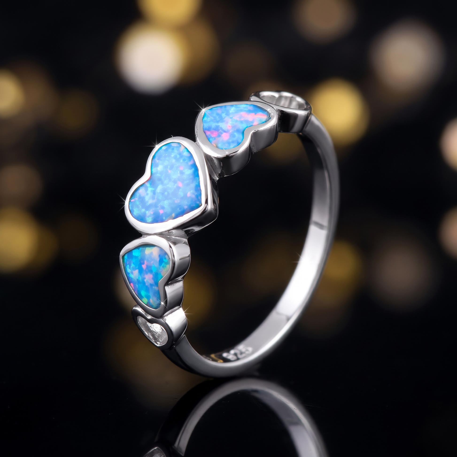 Sterling Silver Blue Lavender Lab Opal Sequence of Hearts Ring close-up
