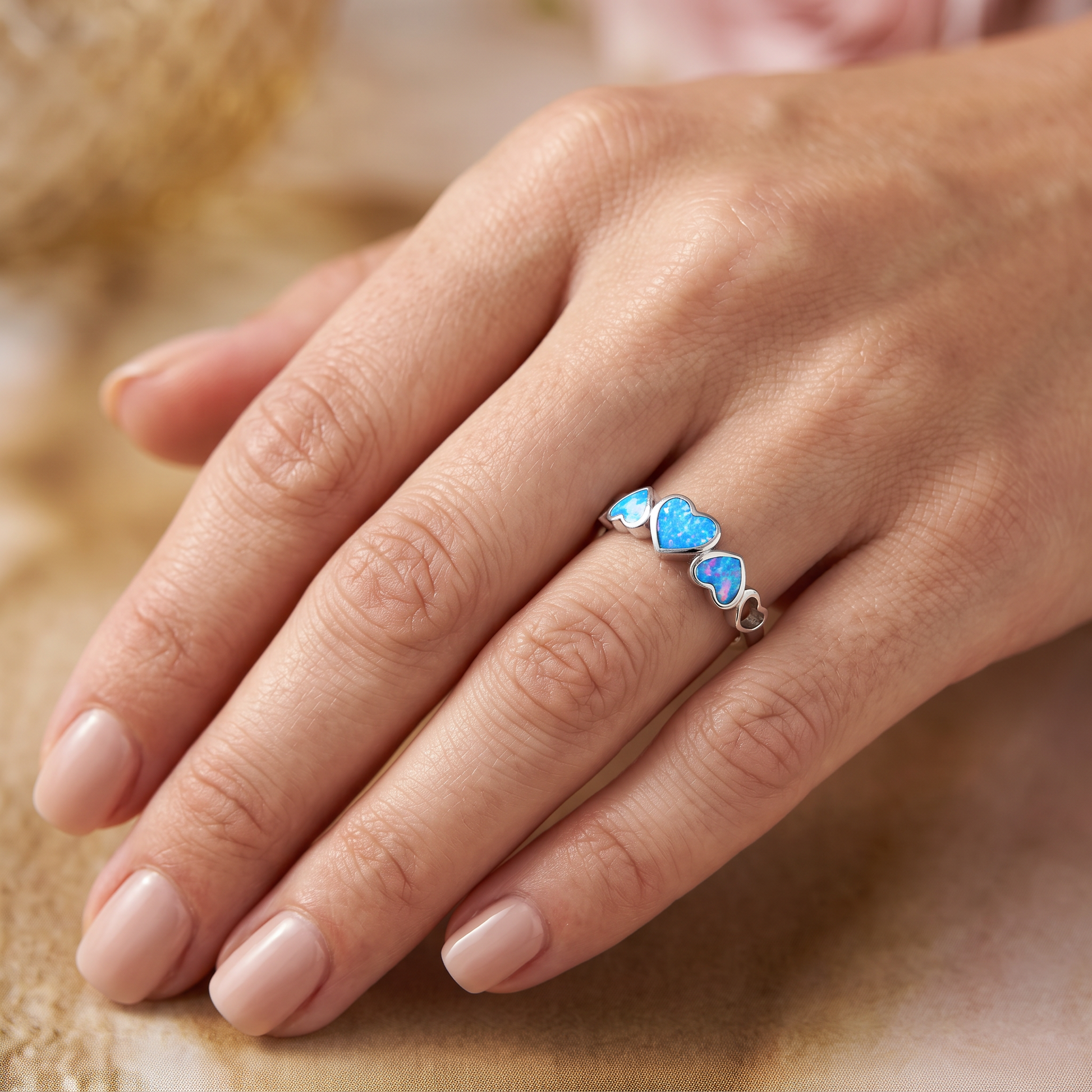 Sterling Silver Blue Lavender Lab Opal Sequence of Hearts Ring worn on hand