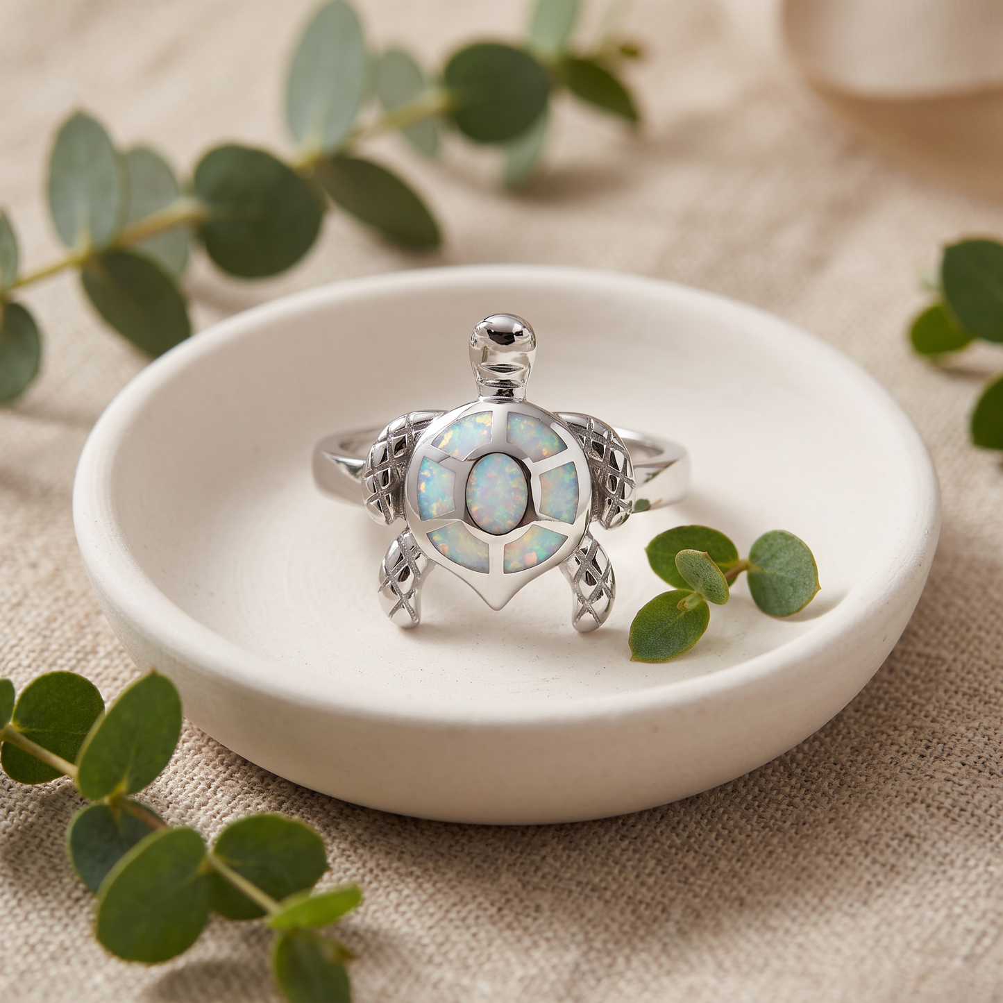 Sterling Silver Turtle White Lab Opal Ring styled