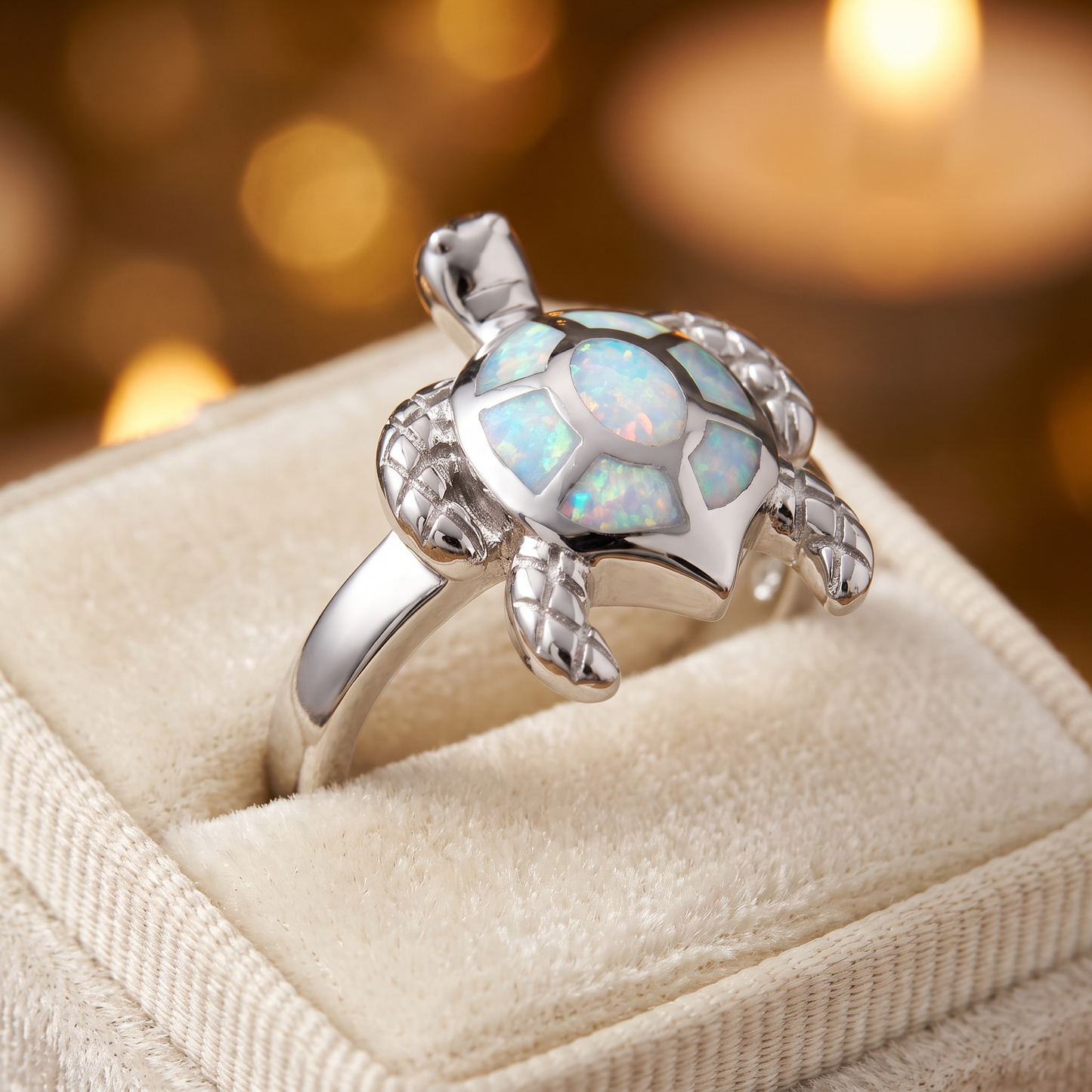Sterling Silver Turtle White Lab Opal Ring gift box
