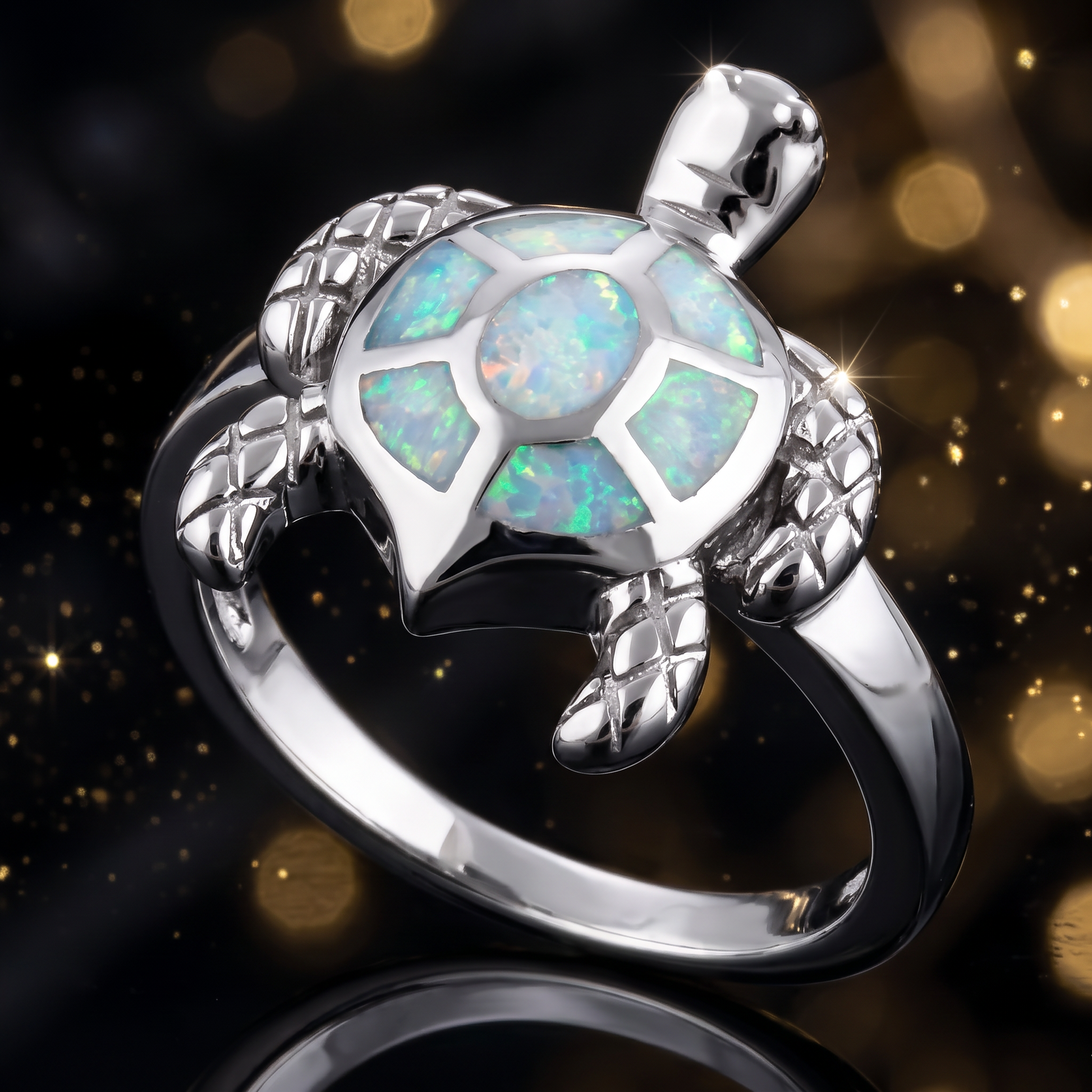 Sterling Silver Turtle White Lab Opal Ring close-up
