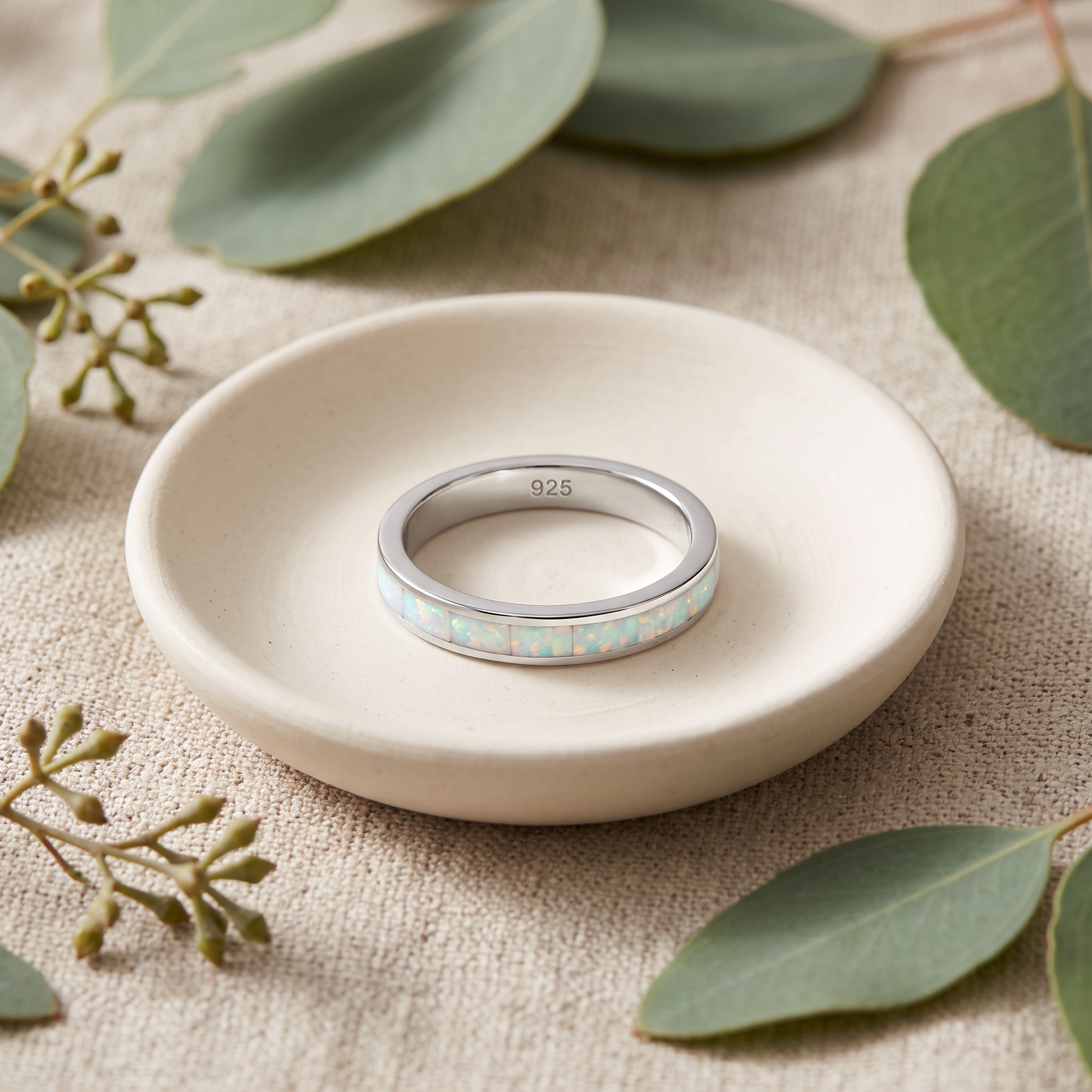 Sterling Silver White Lab-Opal Seamless Eternity Ring styled
