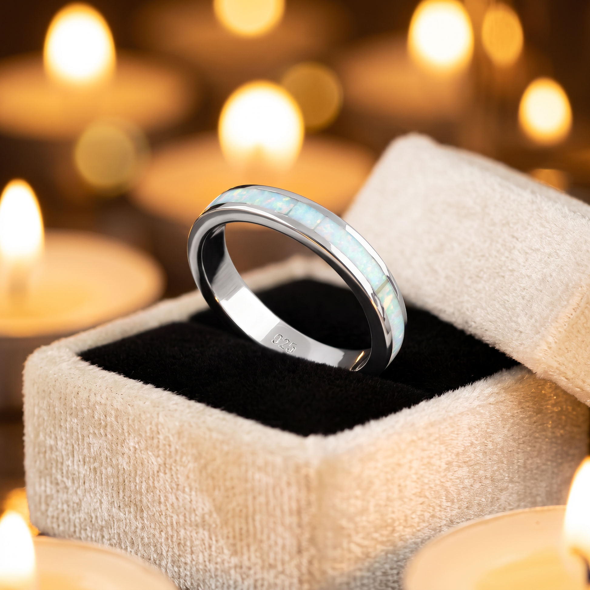 Sterling Silver White Lab-Opal Seamless Eternity Ring gift box