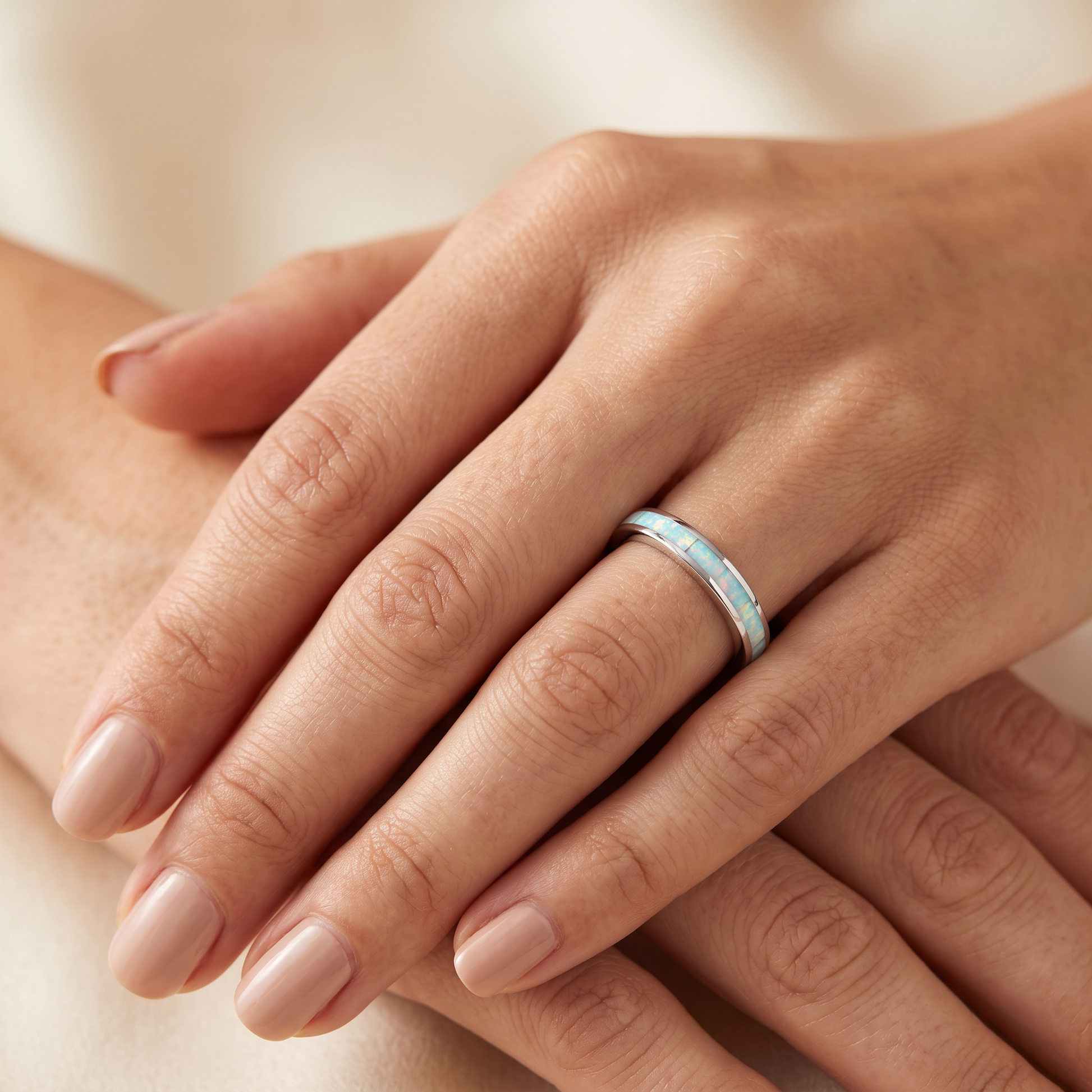 Sterling Silver White Lab-Opal Seamless Eternity Ring worn on hand