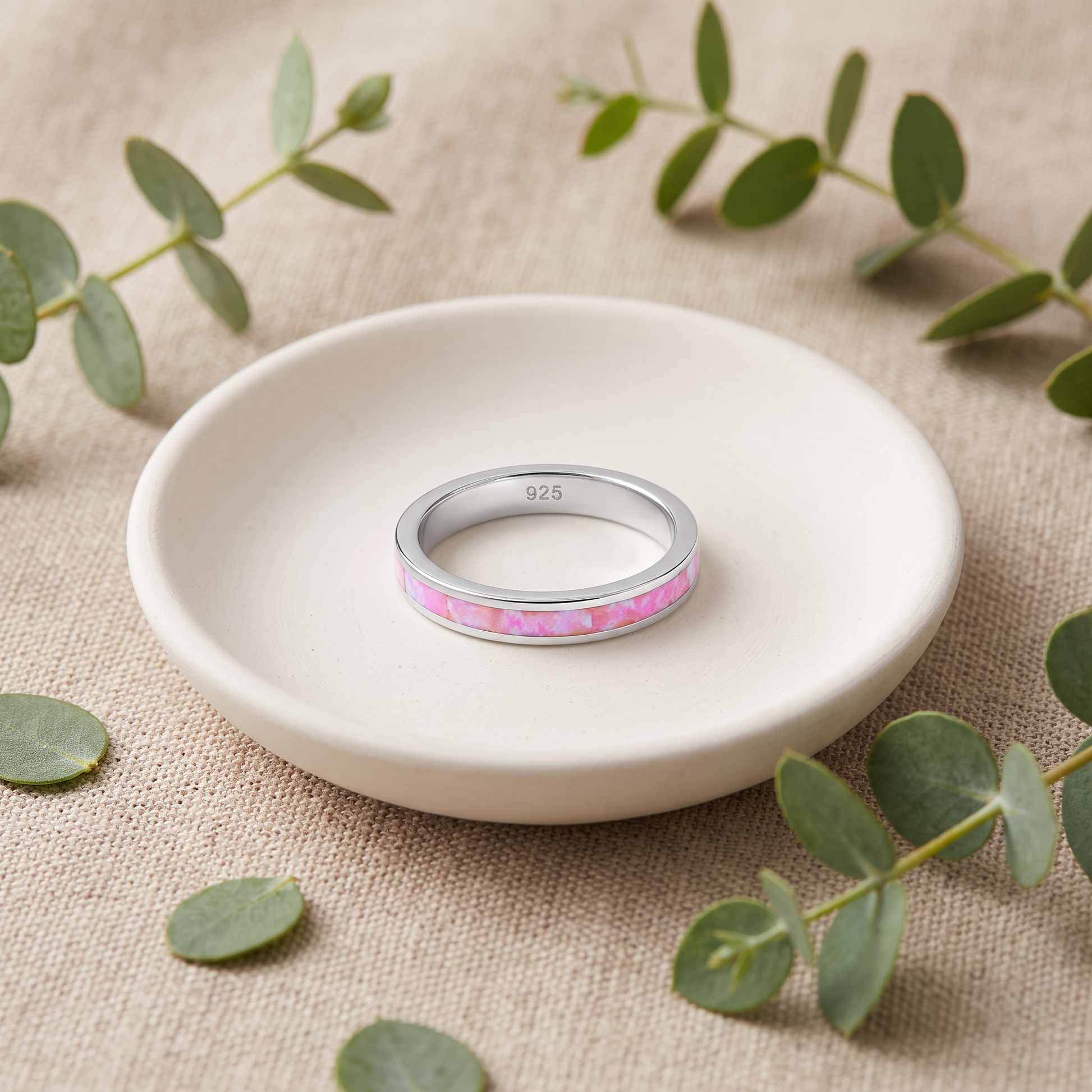 Sterling Silver Seamless Pink Lab Opal Ring styled