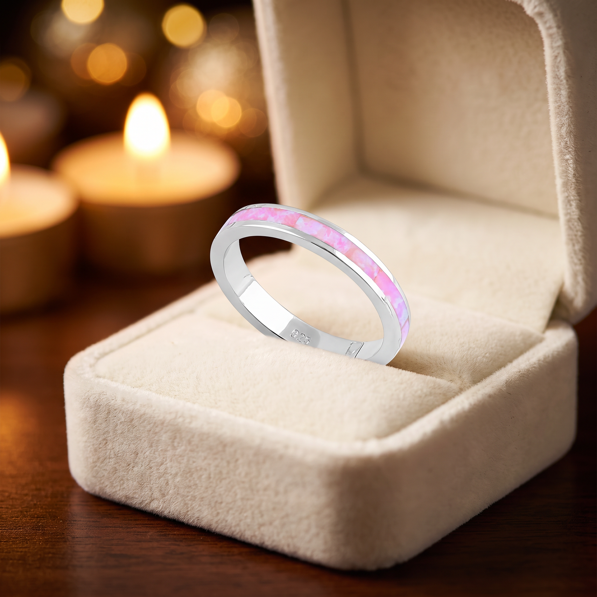 Sterling Silver Seamless Pink Lab Opal Ring gift box