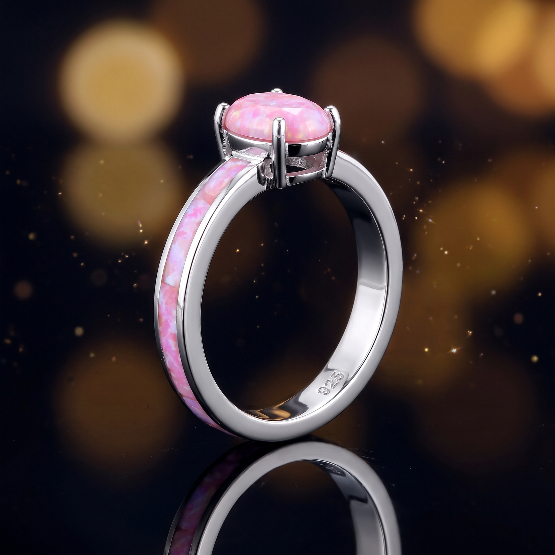 Sterling Silver Seamless Pink Lab Opal Ring close-up