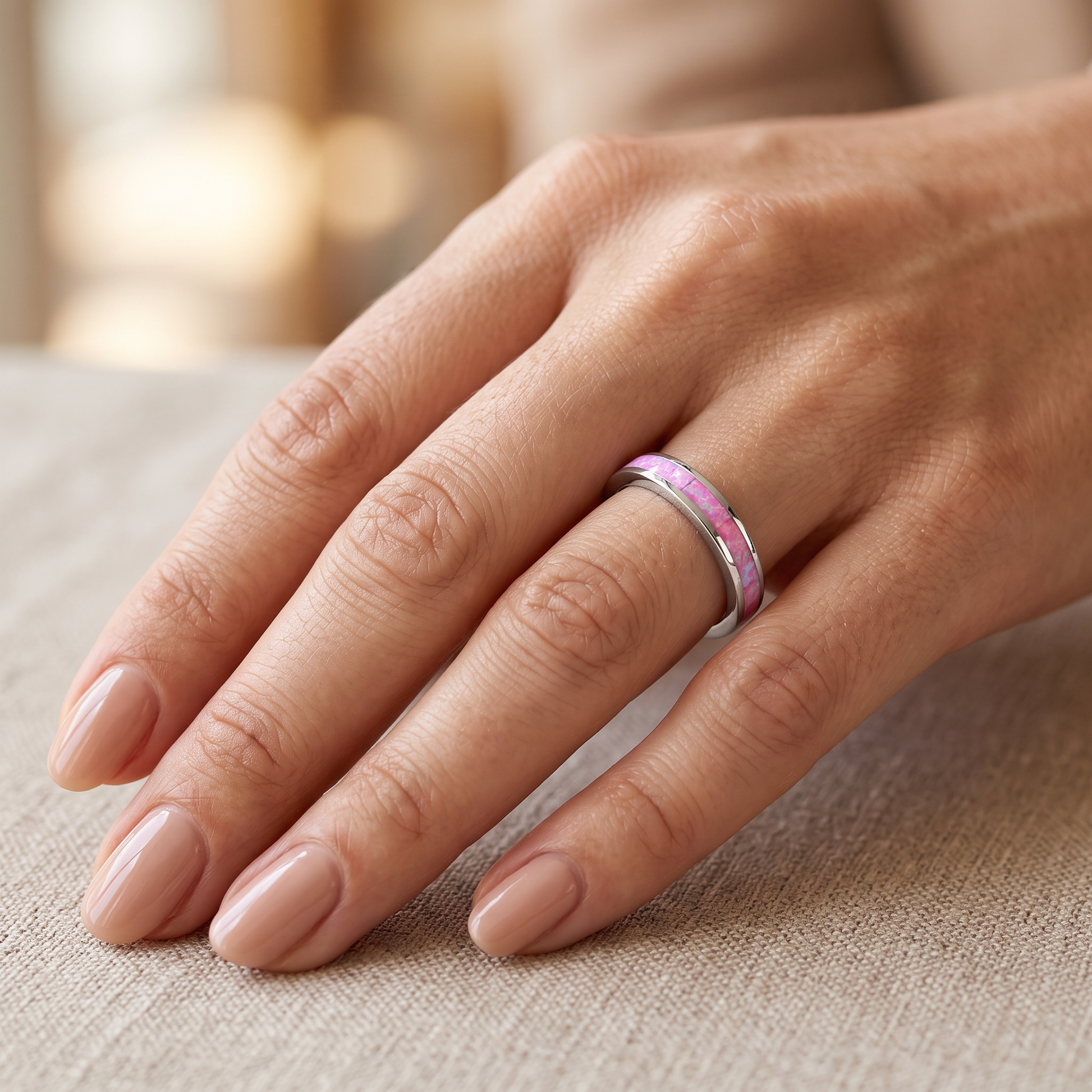 Sterling Silver Seamless Pink Lab Opal Ring worn on hand