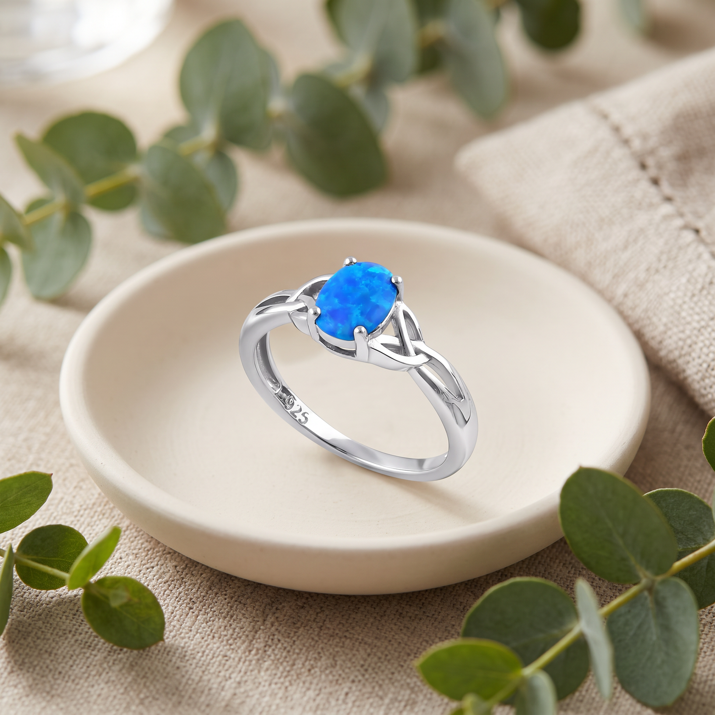 Sterling Silver Gold Plated Center Stone Charmed Blue Lab Opal Ring styled