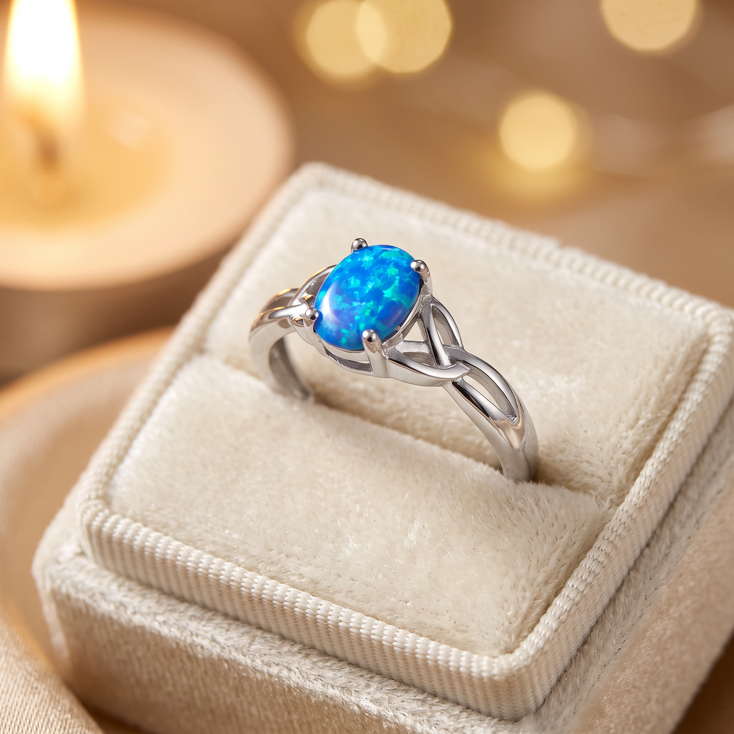 Sterling Silver Gold Plated Center Stone Charmed Blue Lab Opal Ring gift box