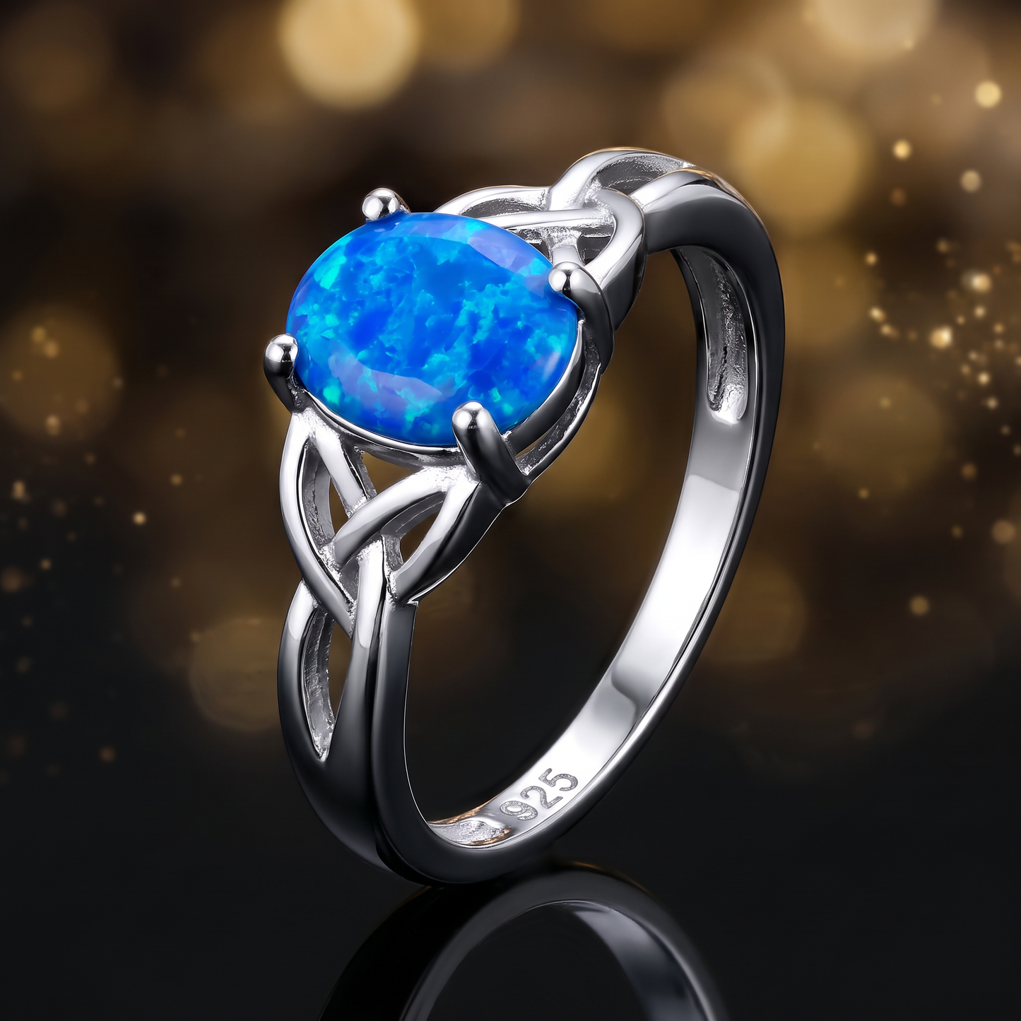 Sterling Silver Gold Plated Center Stone Charmed Blue Lab Opal Ring close-up