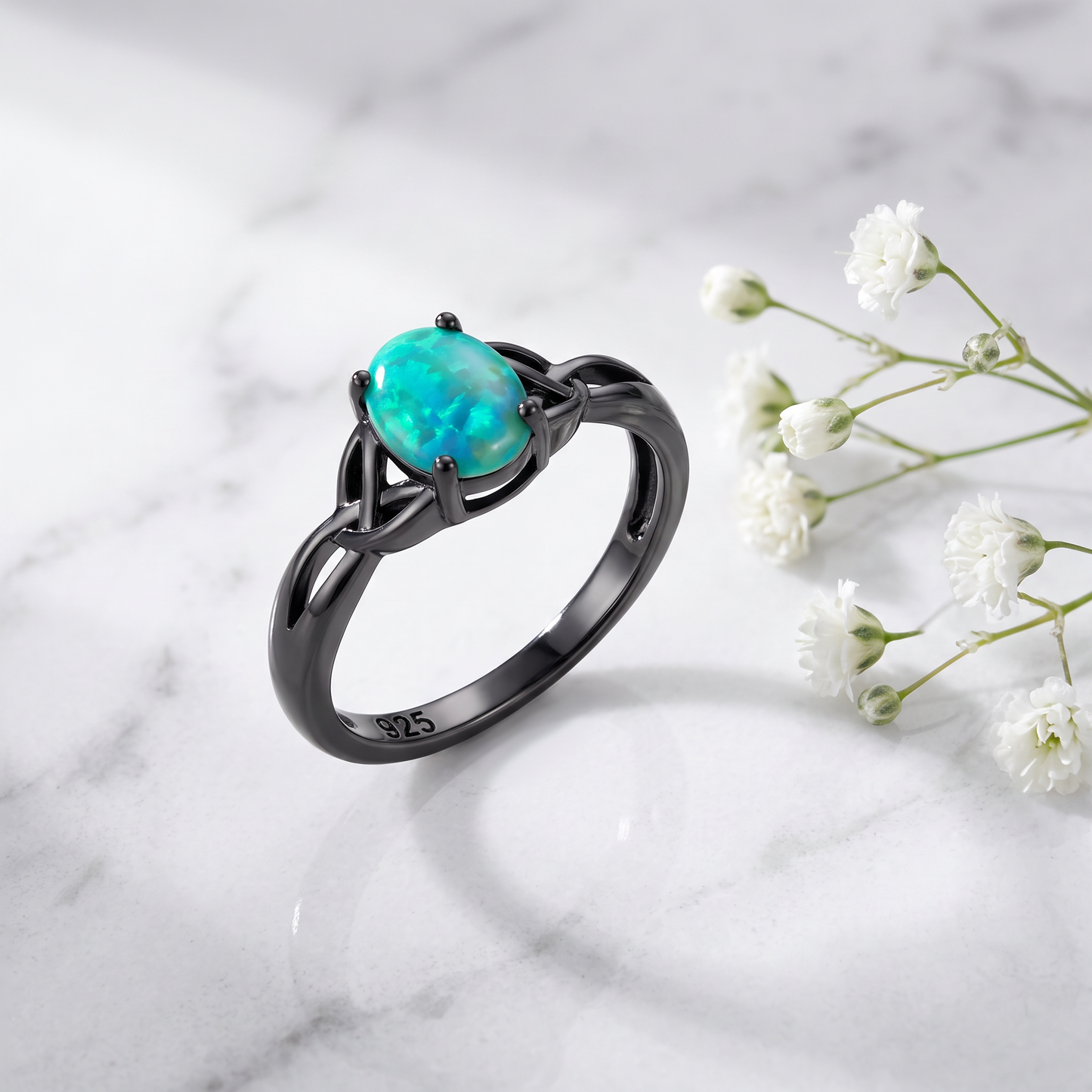 Sterling Silver Black Rhodium Plated Center Stone Charmed Aqua Green Lab Opal Ring on marble
