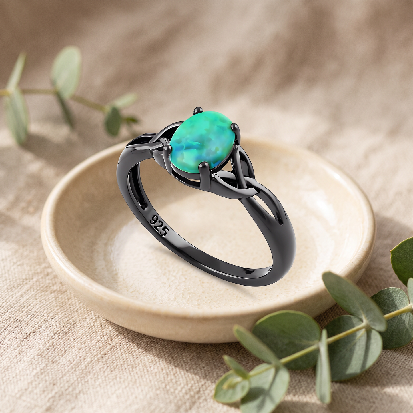 Sterling Silver Black Rhodium Plated Center Stone Charmed Aqua Green Lab Opal Ring styled