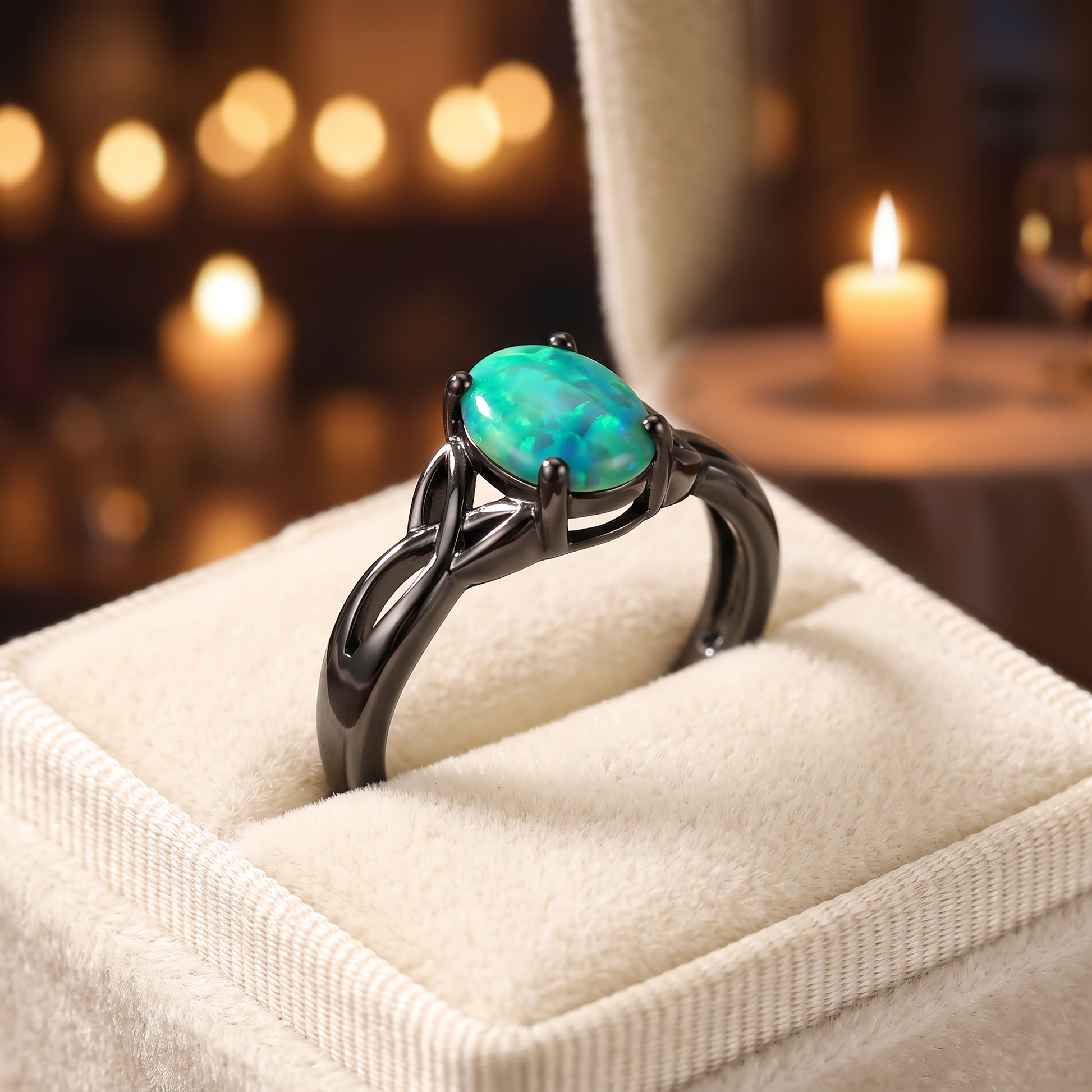 Sterling Silver Black Rhodium Plated Center Stone Charmed Aqua Green Lab Opal Ring gift box