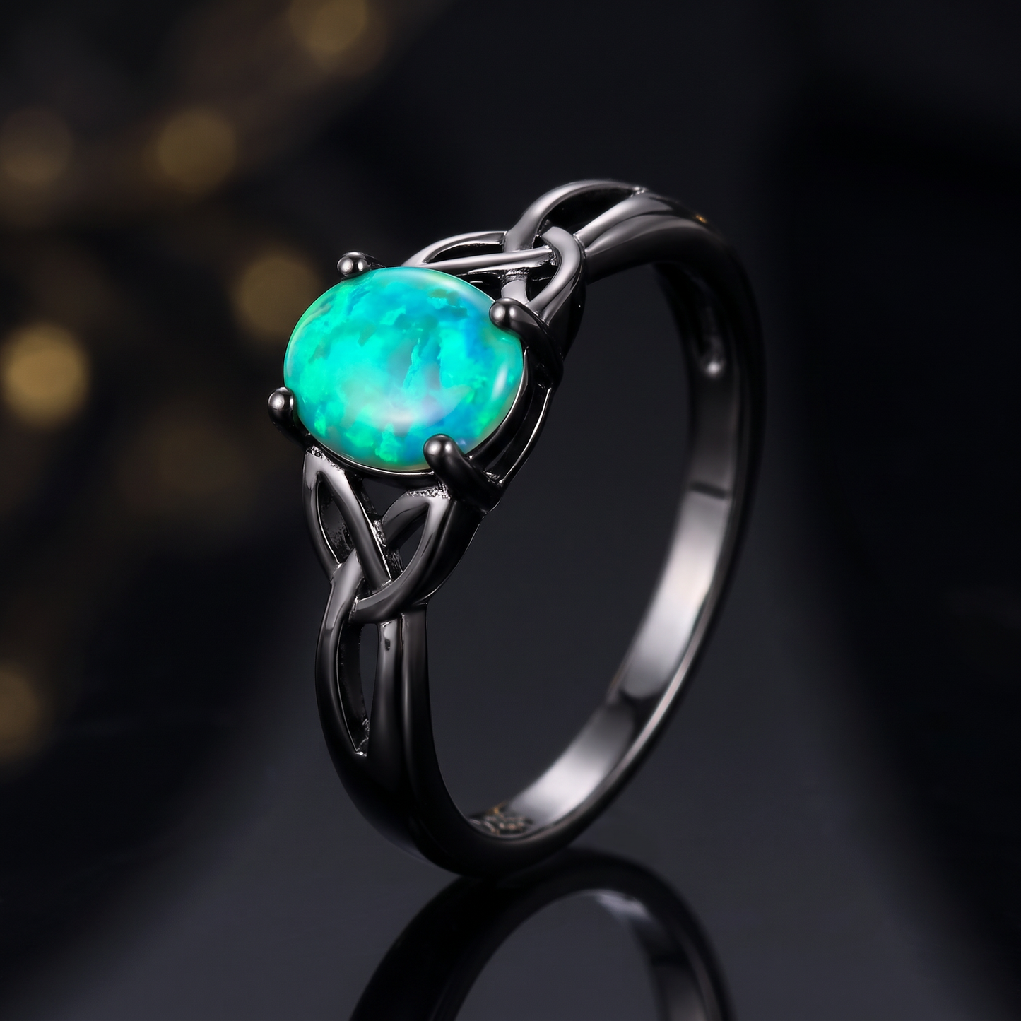 Sterling Silver Black Rhodium Plated Center Stone Charmed Aqua Green Lab Opal Ring close-up