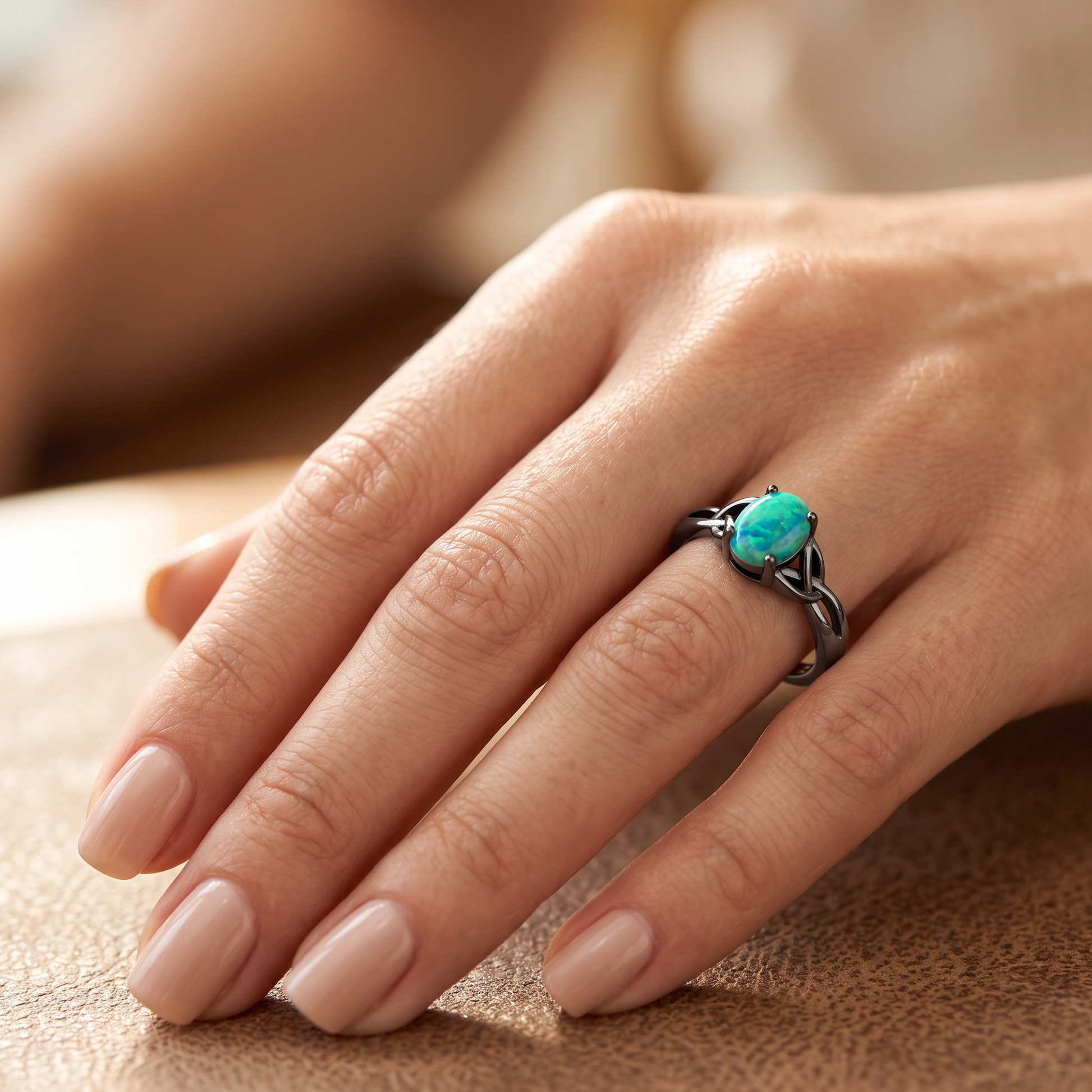Sterling Silver Black Rhodium Plated Center Stone Charmed Aqua Green Lab Opal Ring worn on hand