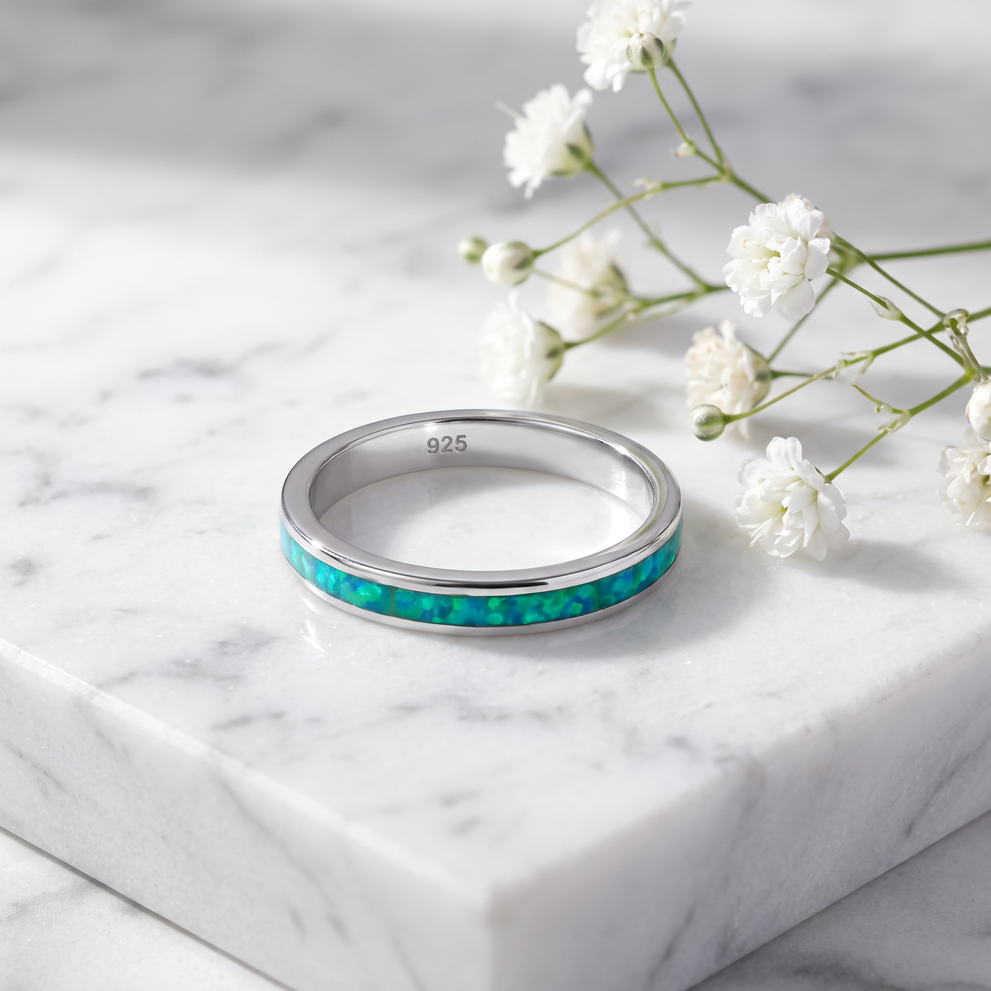 Sterling Silver Seamless Green Lab Opal Ring on marble